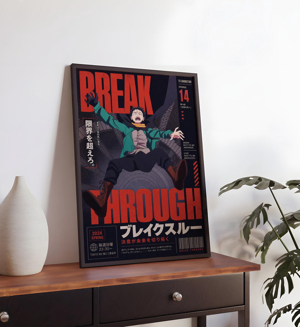 a poster with a character depicted in a dramatic pose, surrounded by text and graphics.