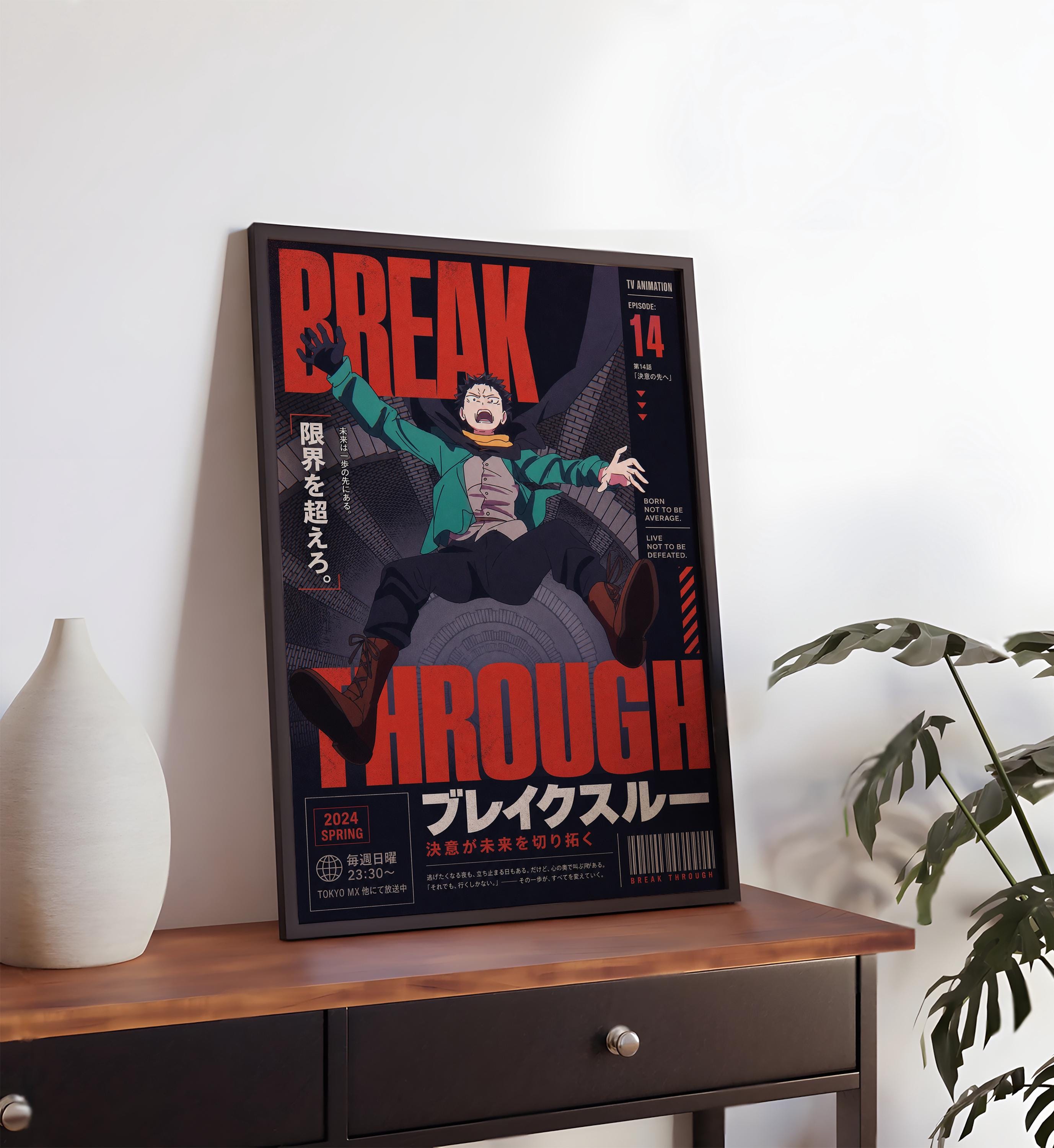 a poster with a character depicted in a dramatic pose, surrounded by text and graphics.