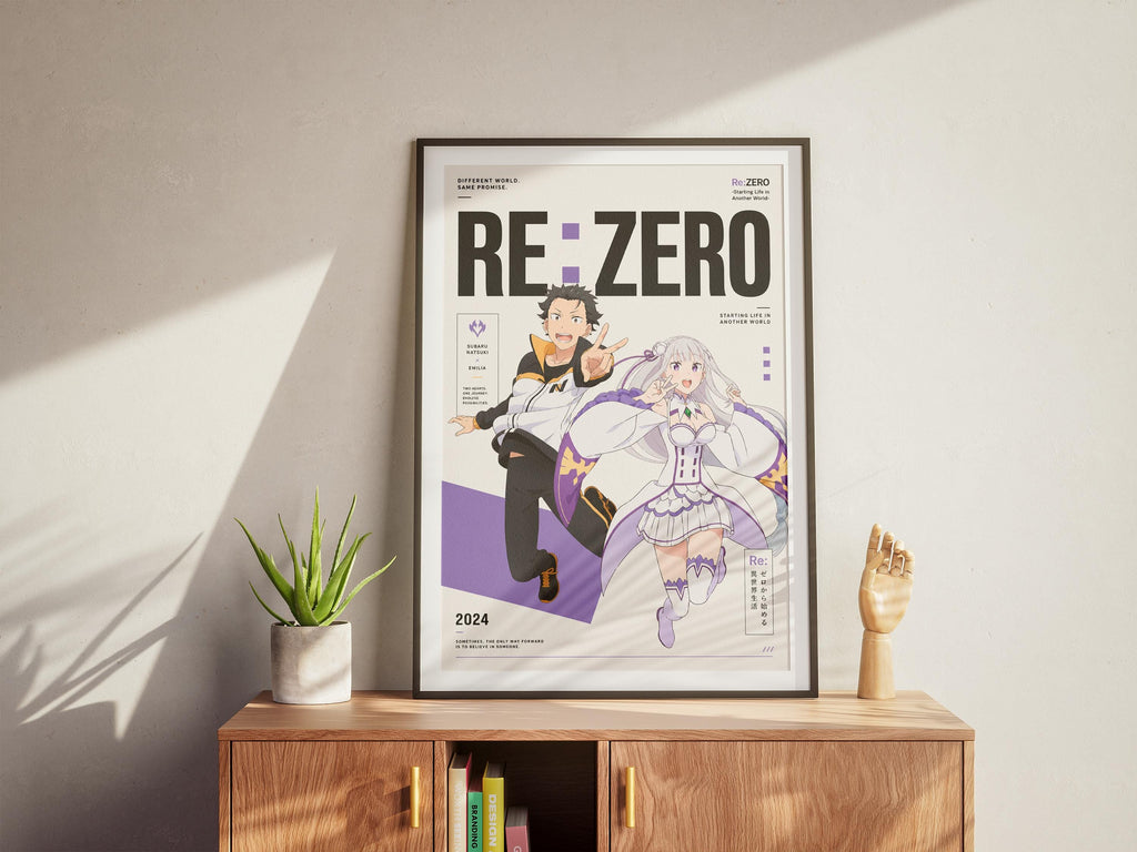 a poster of the anime series "Re:Zero" displayed on a wooden cabinet.