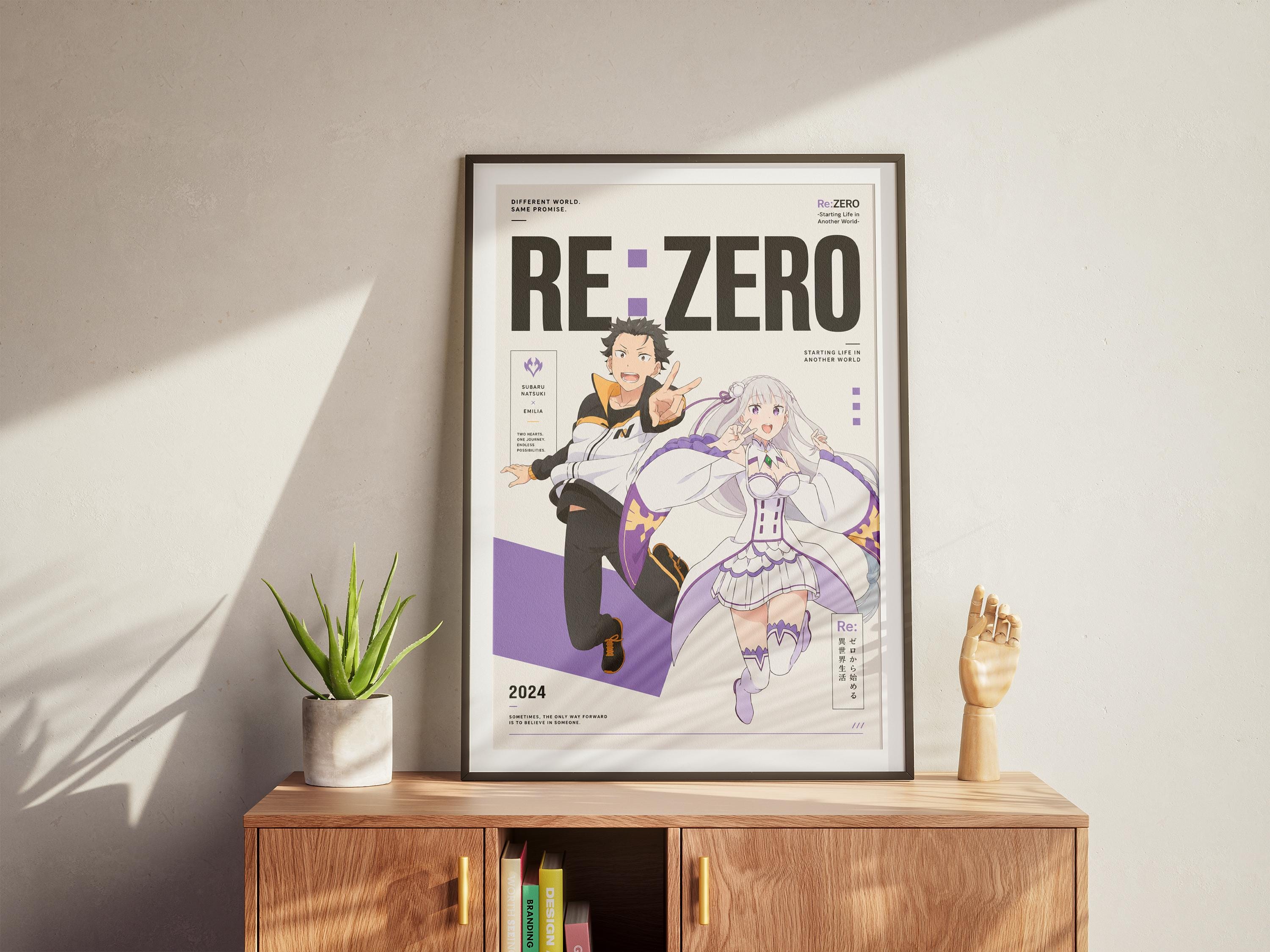 a poster of the anime series "Re:Zero" displayed on a wooden cabinet.