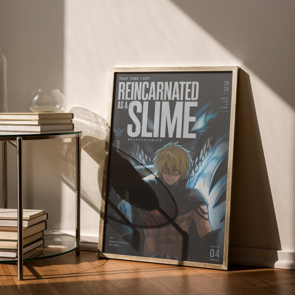 a poster of a character from the anime "Reincarnated as a Slime" displayed on a wall.