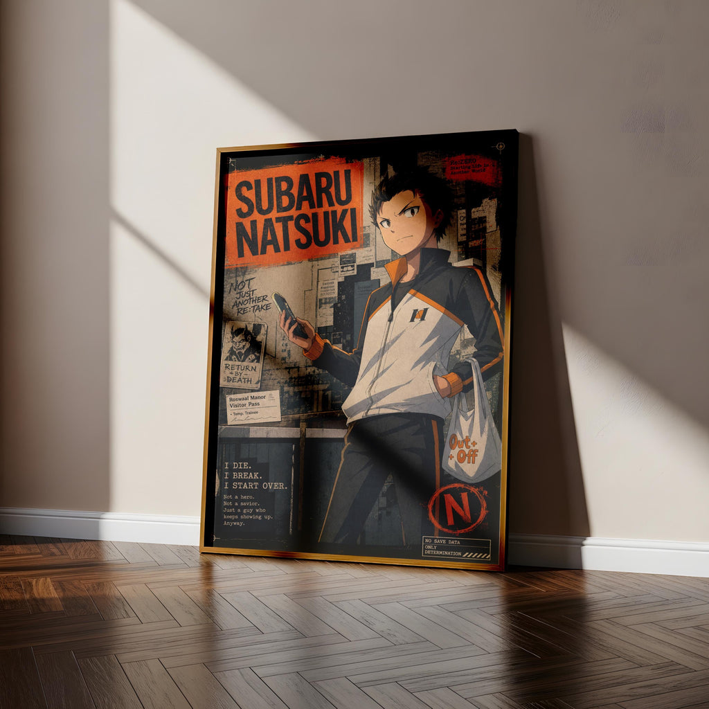 The image is a framed poster featuring an anime character, specifically Subaru Natsuki, who is shown in a dynamic pose. The poster is displayed on a wooden floor against a white wall, creating a visually striking contrast.