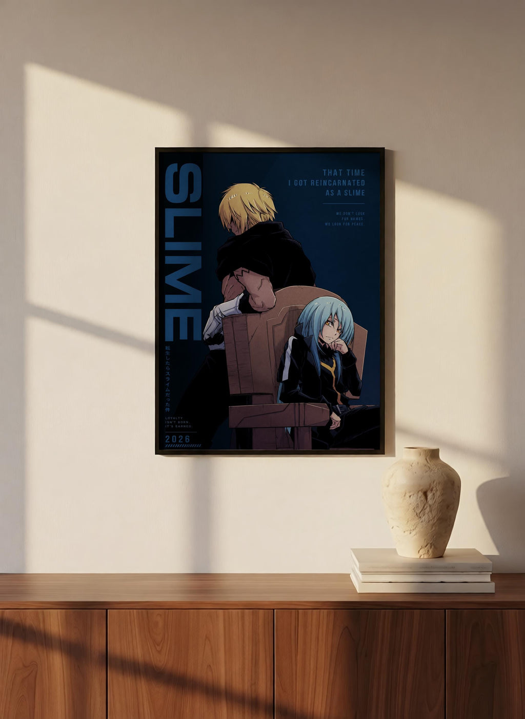 The image is a poster featuring two anime characters, one blonde and one blue-haired, sitting on a chair against a dark background. The poster is hanging on a wall, and there is a vase and some books on a wooden cabinet below it.