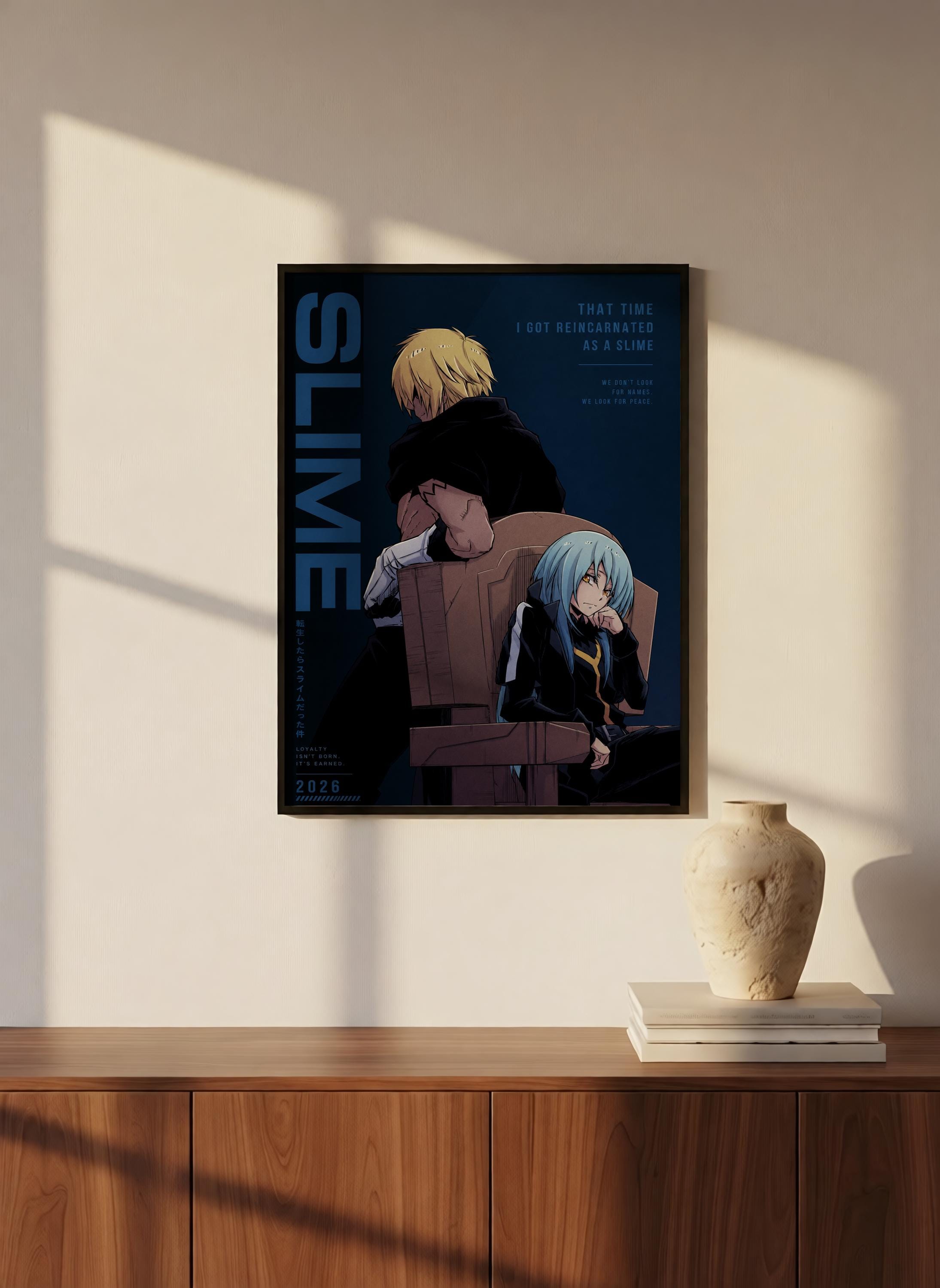 The image is a poster featuring two anime characters, one blonde and one blue-haired, sitting on a chair against a dark background. The poster is hanging on a wall, and there is a vase and some books on a wooden cabinet below it.