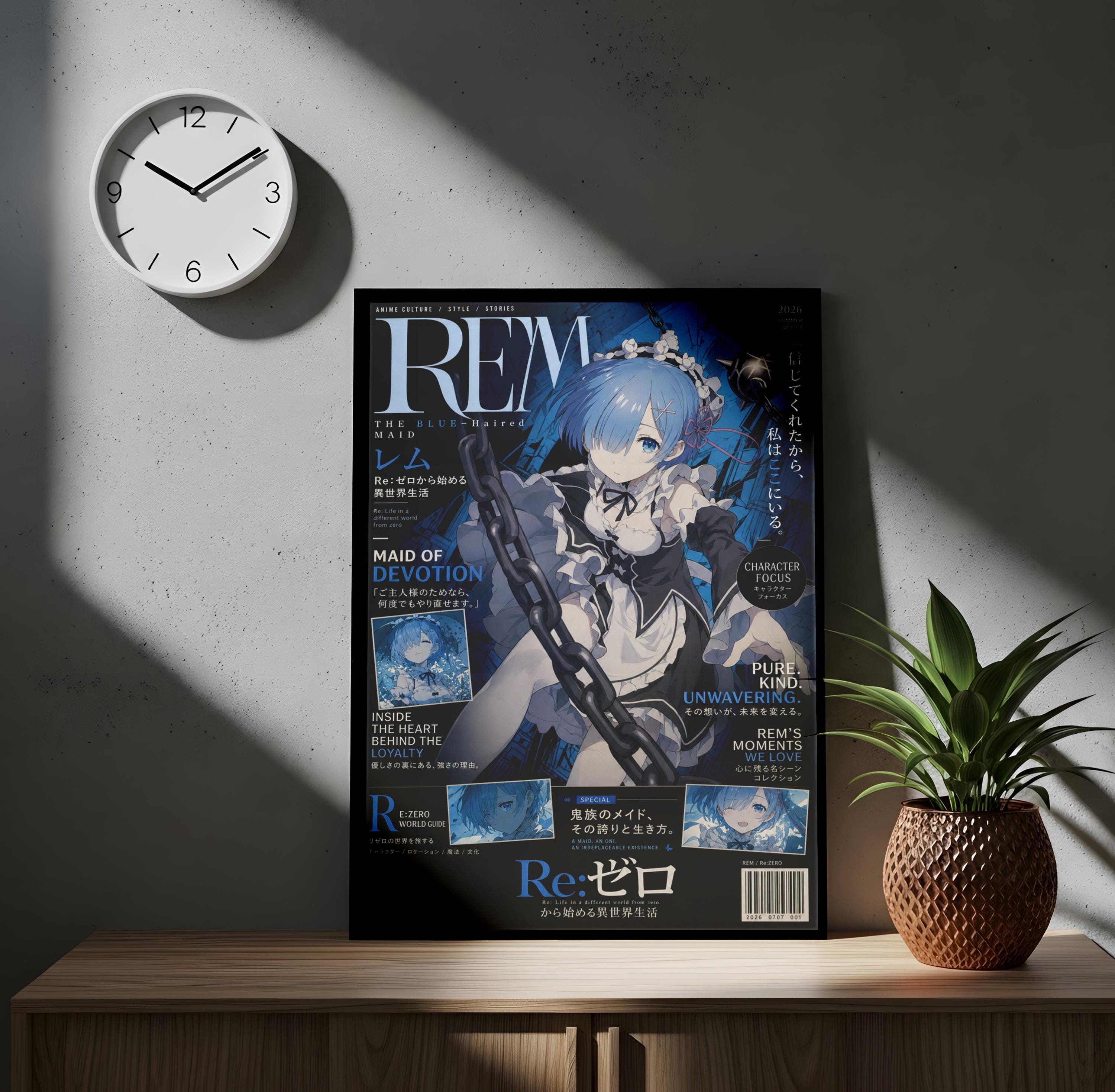 a poster of anime-style artwork, including a character with blue hair and a maid outfit, displayed on a wall next to a clock.