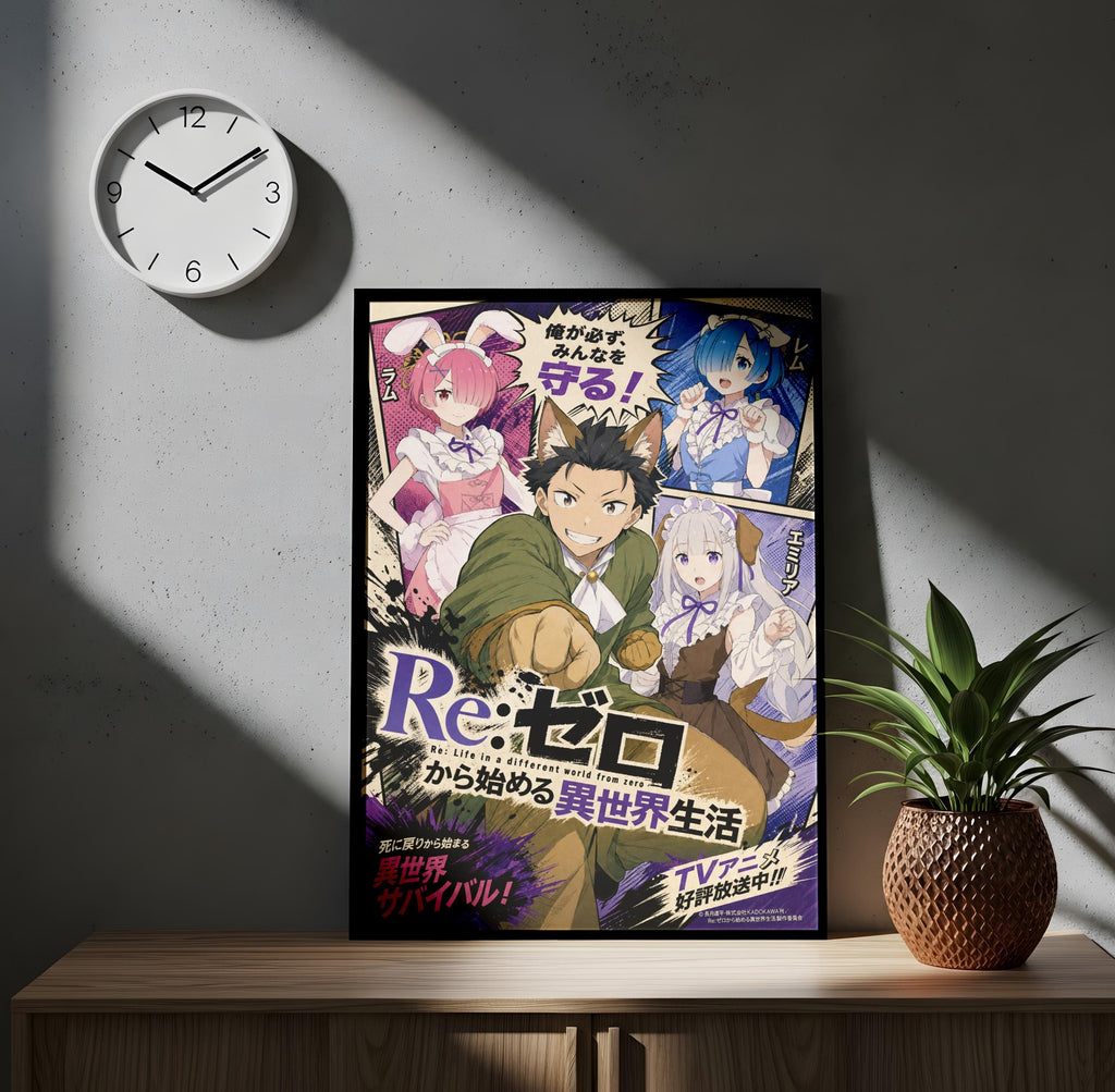 The image is a poster featuring characters from the anime series "Re:Zero: A Life in a Different World".