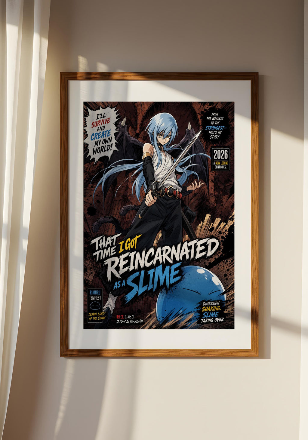 The image is a framed comic book-style poster featuring an anime-style character with blue hair and a determined expression, surrounded by various elements such as a blue explosion and a blue slug.