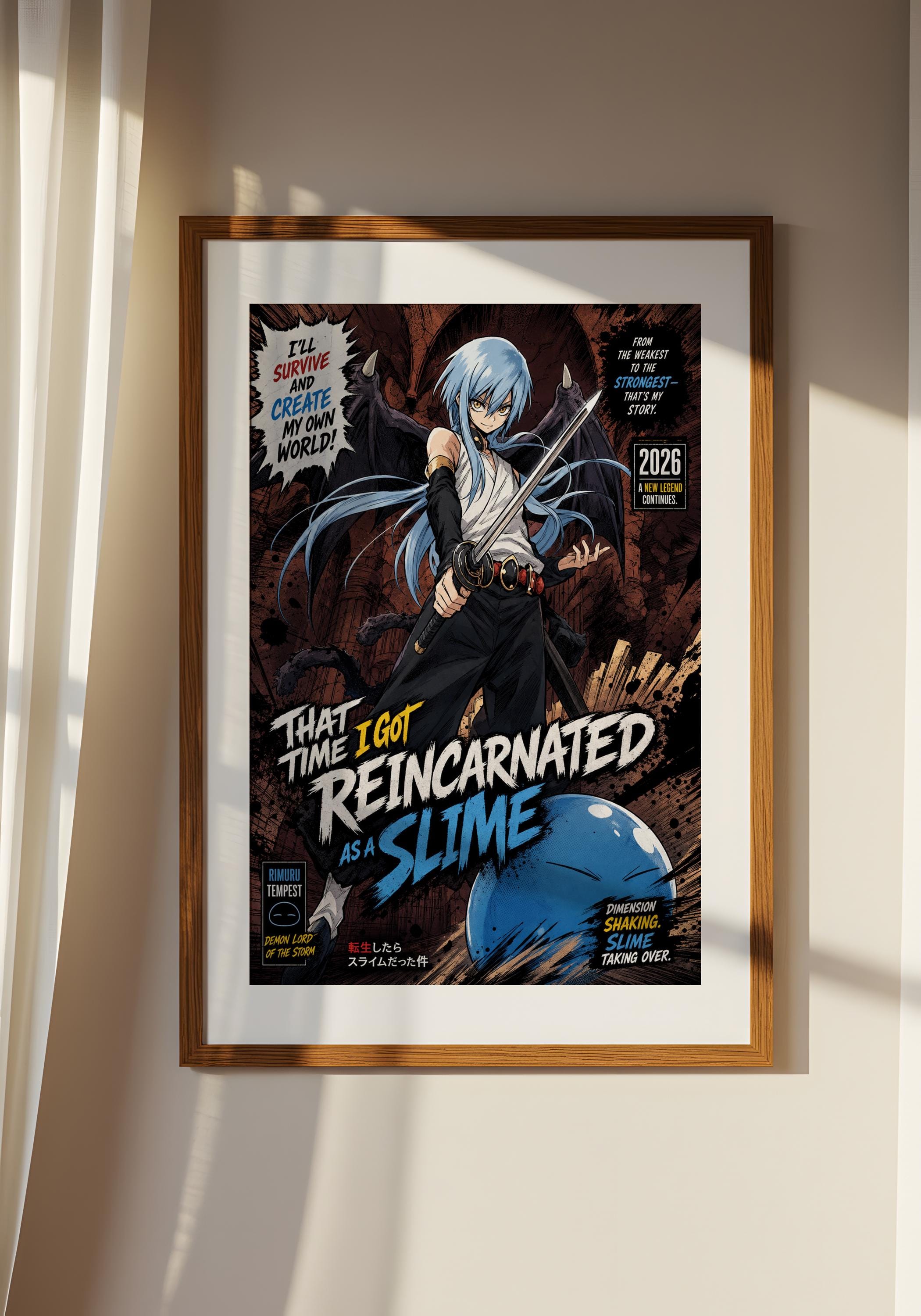 The image is a framed comic book-style poster featuring an anime-style character with blue hair and a determined expression, surrounded by various elements such as a blue explosion and a blue slug.