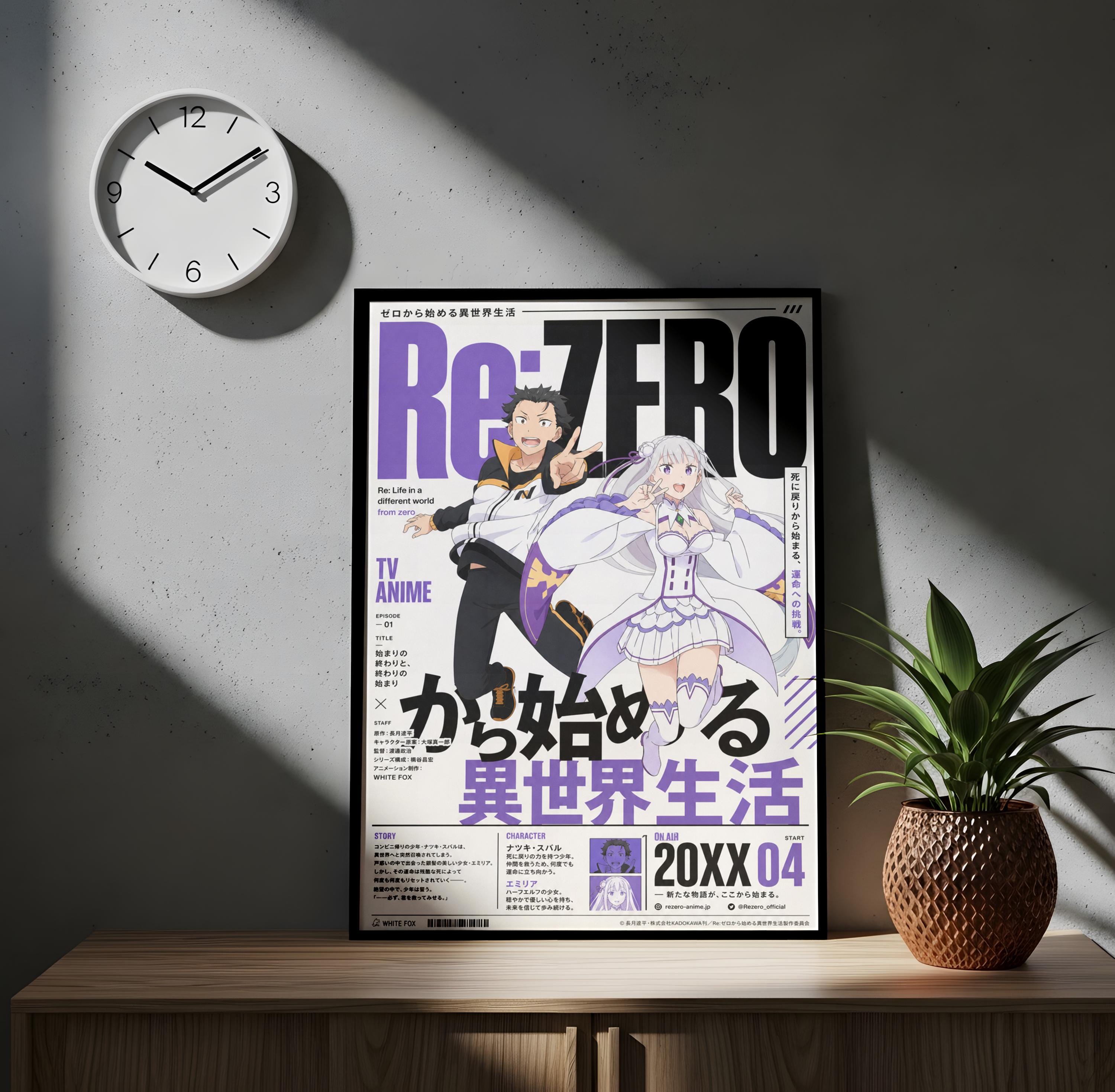 a poster of an anime titled "Re Zero" with a clock on the wall above it. The poster is framed and displayed on a wooden surface, with a potted plant to the right.