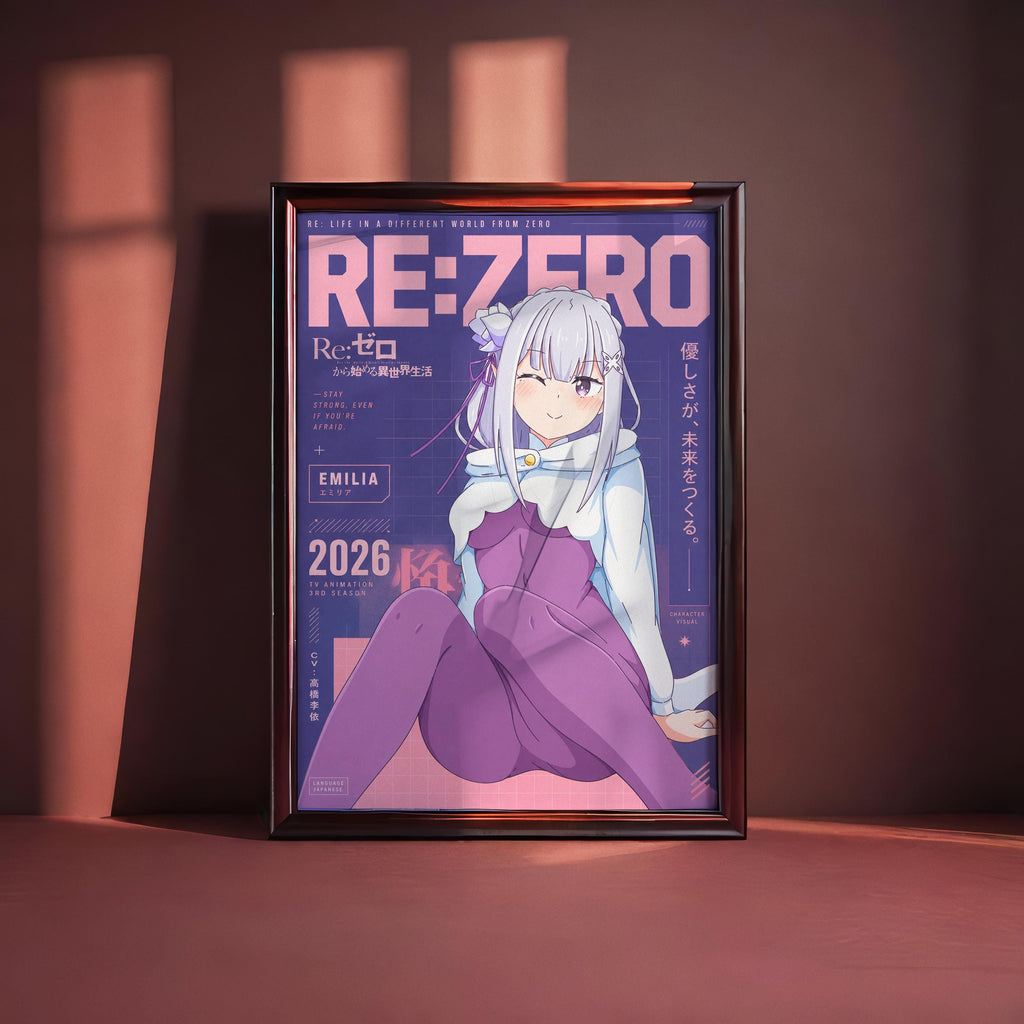 an anime-style illustration of a young girl with long hair wearing a purple outfit, sitting on a pink background. The girl appears to be in a relaxed pose, with her legs crossed and her arms resting on her knees. The image is framed and displayed on a wall, with a pinkish-red background.