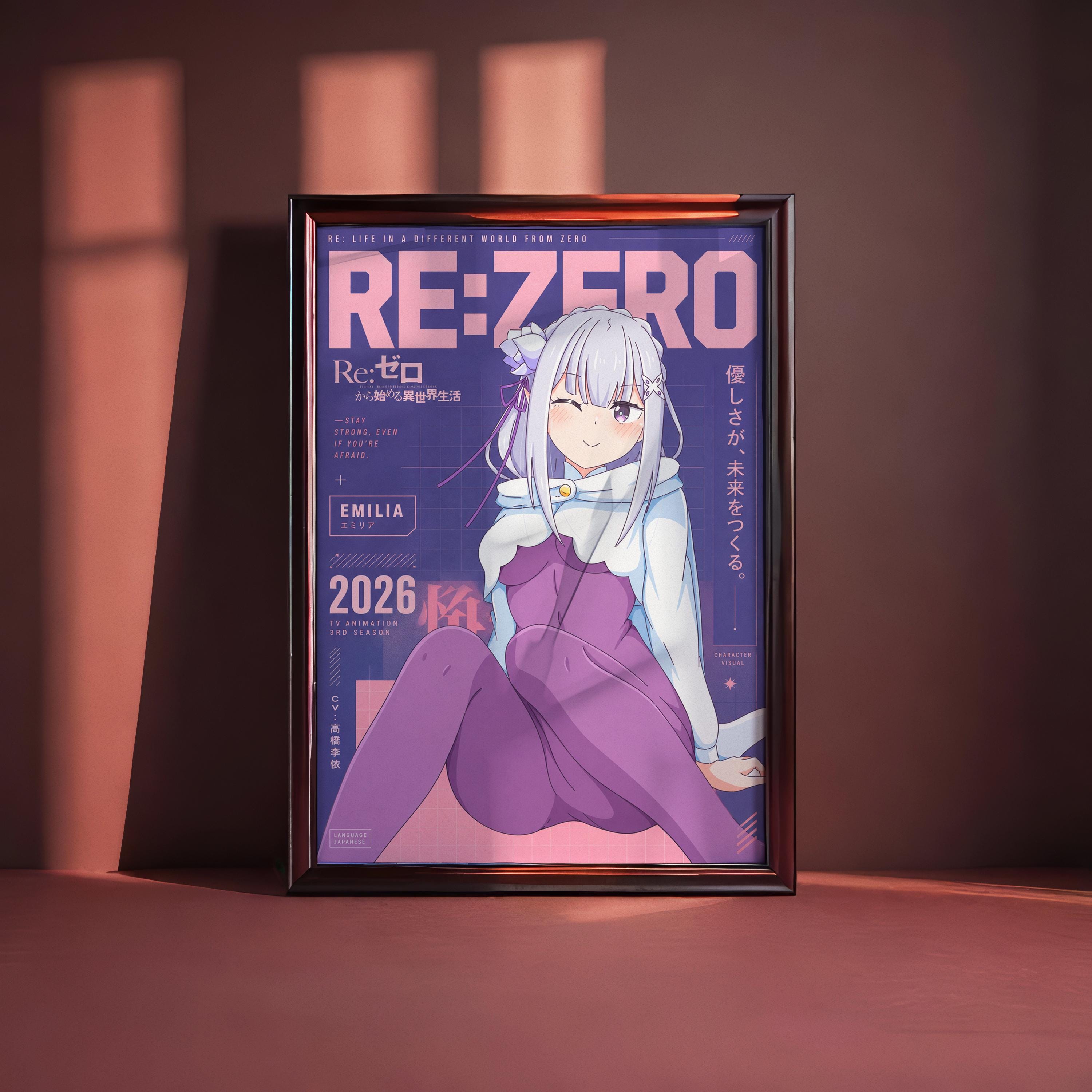 an anime-style illustration of a young girl with long hair wearing a purple outfit, sitting on a pink background. The girl appears to be in a relaxed pose, with her legs crossed and her arms resting on her knees. The image is framed and displayed on a wall, with a pinkish-red background.