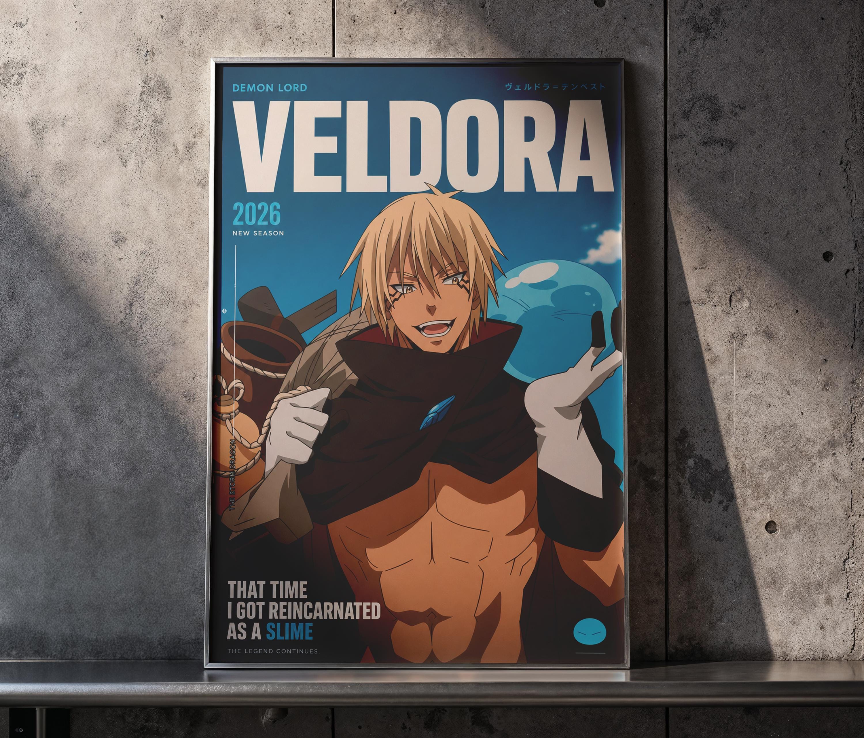 The image is a poster featuring an illustration of a character with blonde hair and a muscular build, wearing a black cape. The poster has a blue background and includes text and a quote about the character.