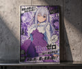 The image is a poster featuring an anime-style illustration of a young woman with long, white hair wearing a purple outfit. The poster includes text and speech bubbles, likely providing information about the anime or the character she represents.