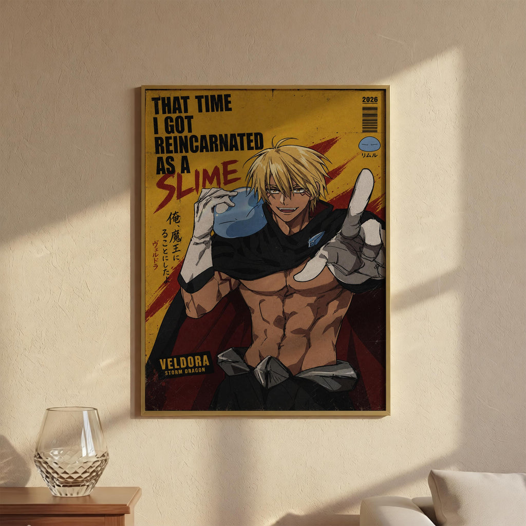 The image is a framed poster featuring an illustration of a muscular, blond-haired character with a serious expression, wearing a cape and holding a blue object.