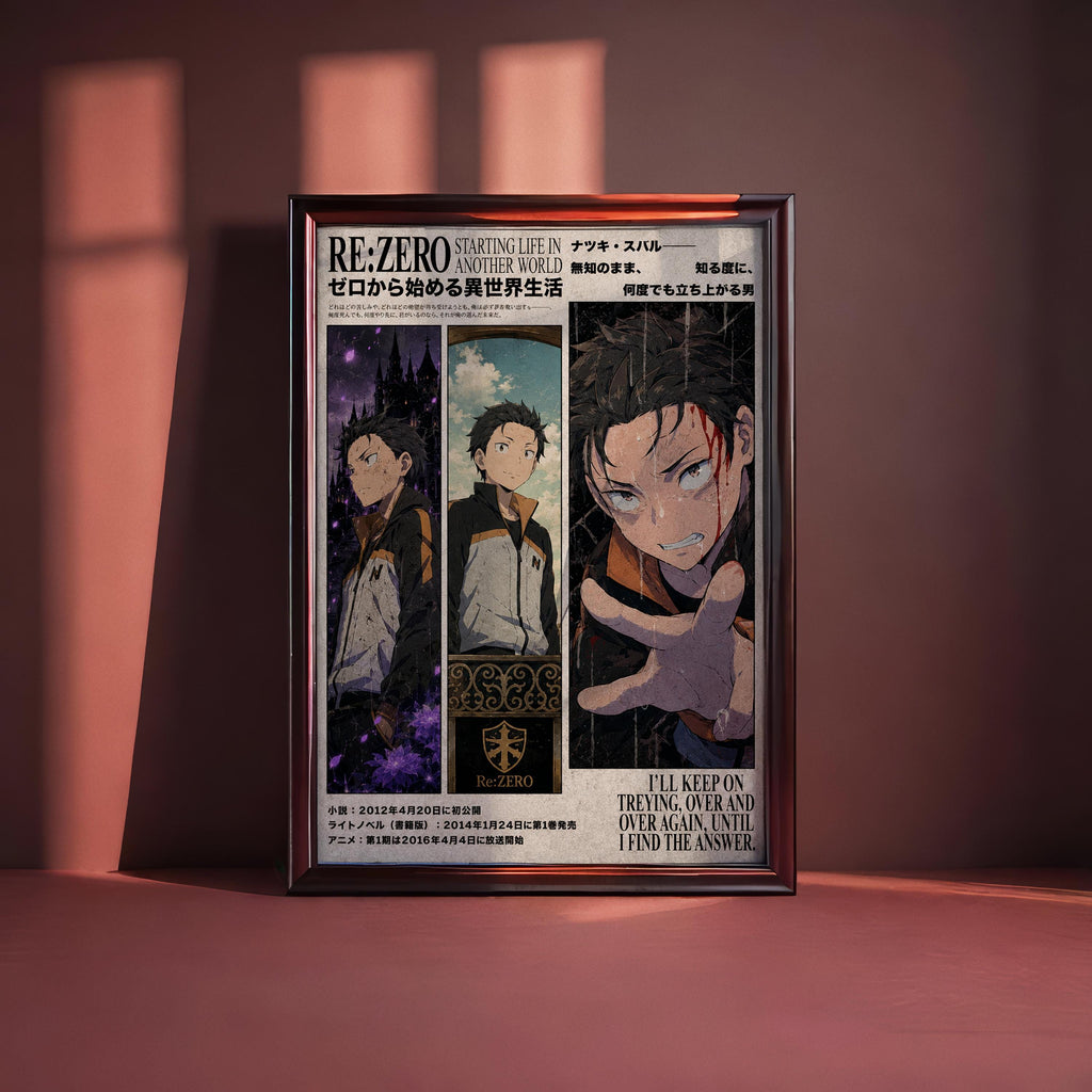 The image is a poster featuring artwork of three anime characters, with text and a central image depicting a character with a serious expression.
