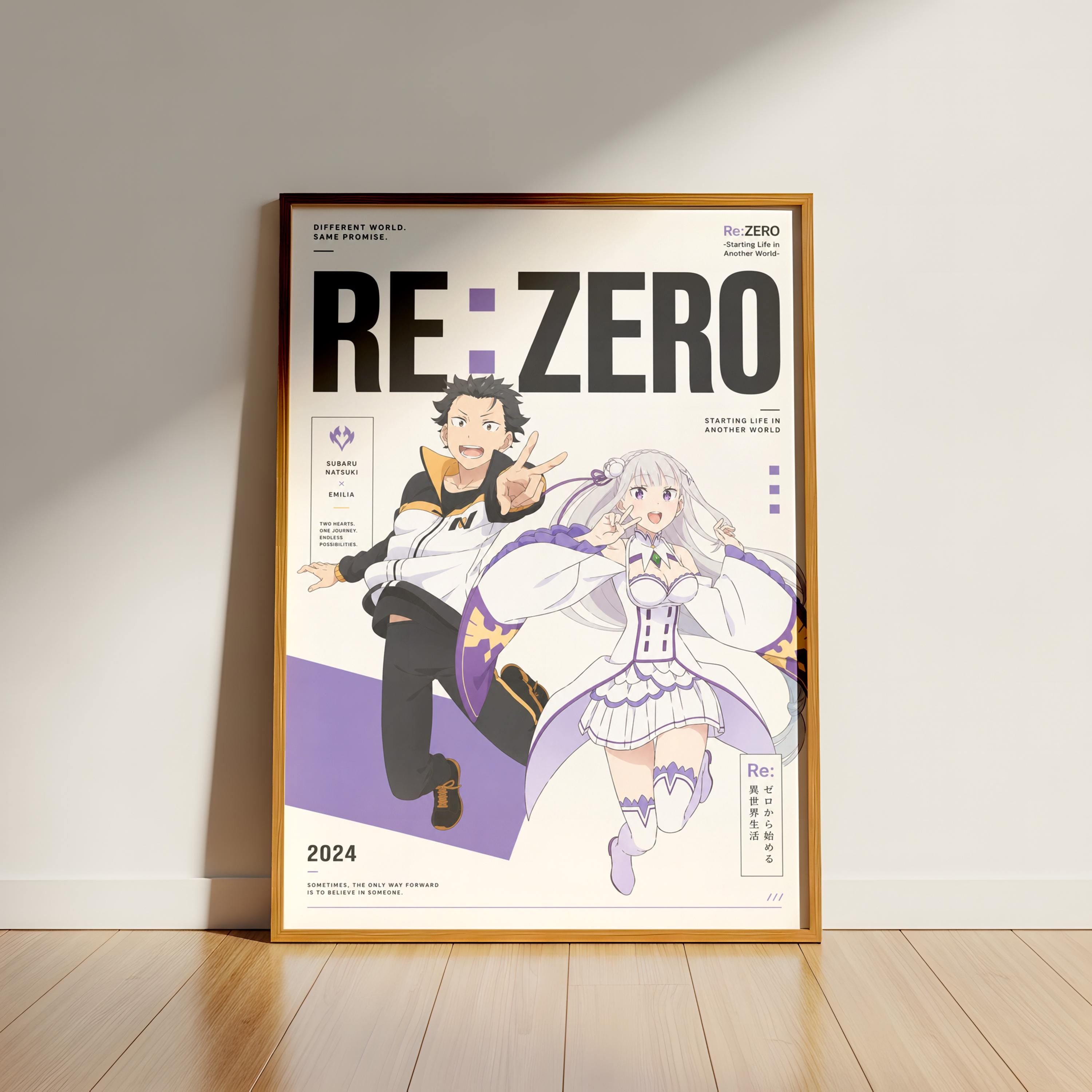 The image is a poster featuring two anime characters, a man and a woman, with the title "RE:ZERO" prominently displayed. The poster is framed and placed on a wooden floor against a white wall.