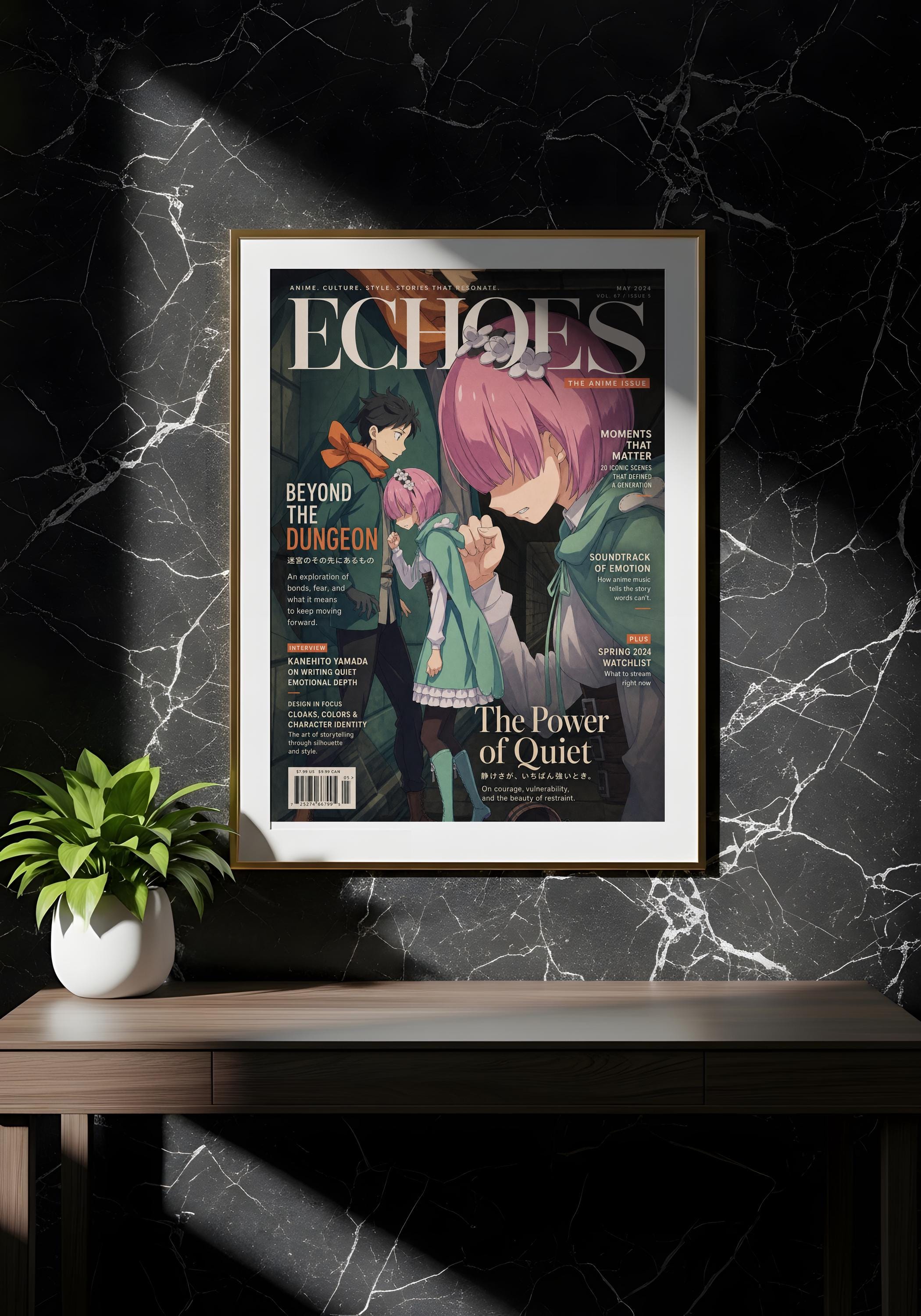 a framed poster of an anime magazine cover with a pink-haired character and text related to the content of the magazine.