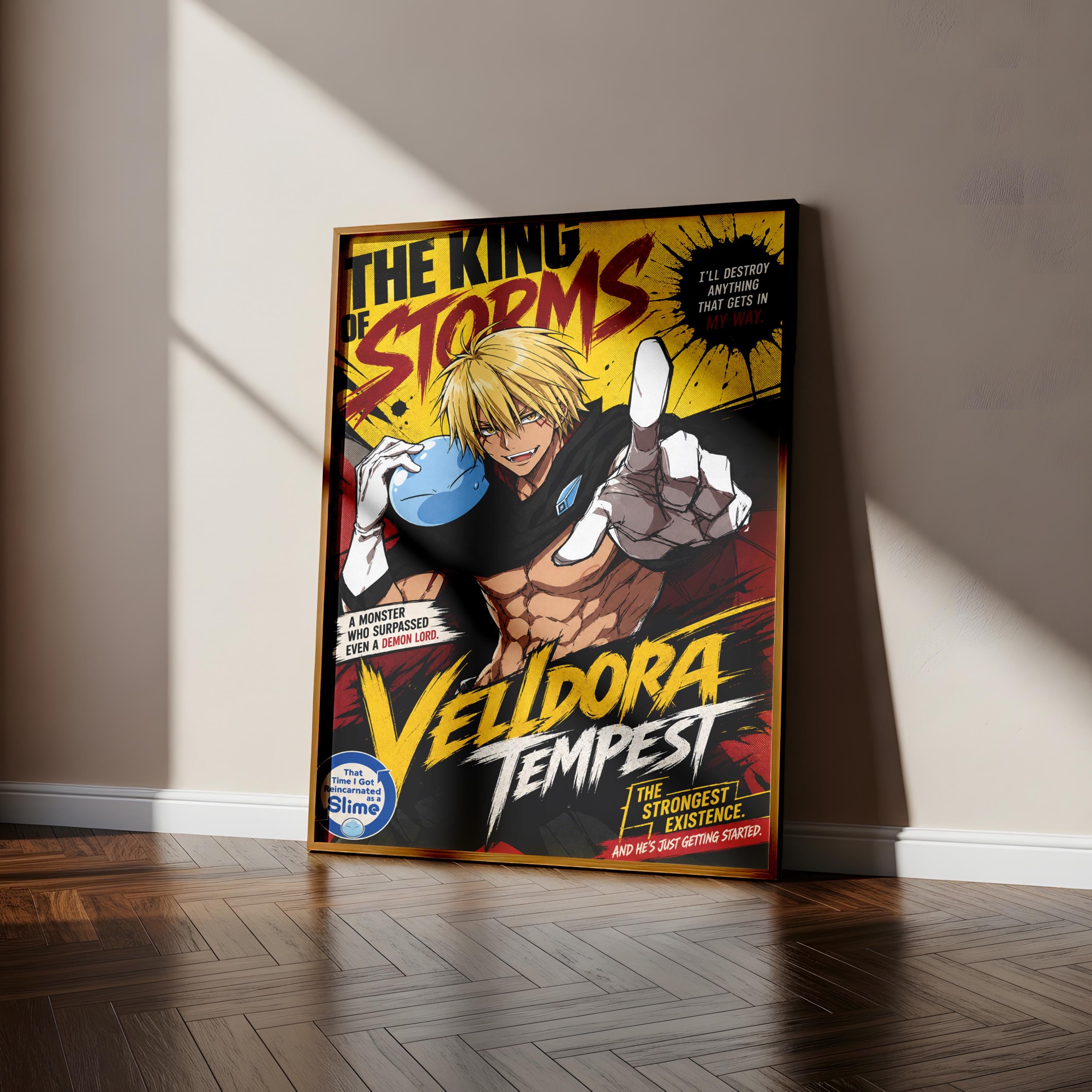 The image is a poster featuring a muscular man with blond hair, wearing a black shirt and gloves, and holding a blue object. The poster has a bold, colorful design with text and graphics.