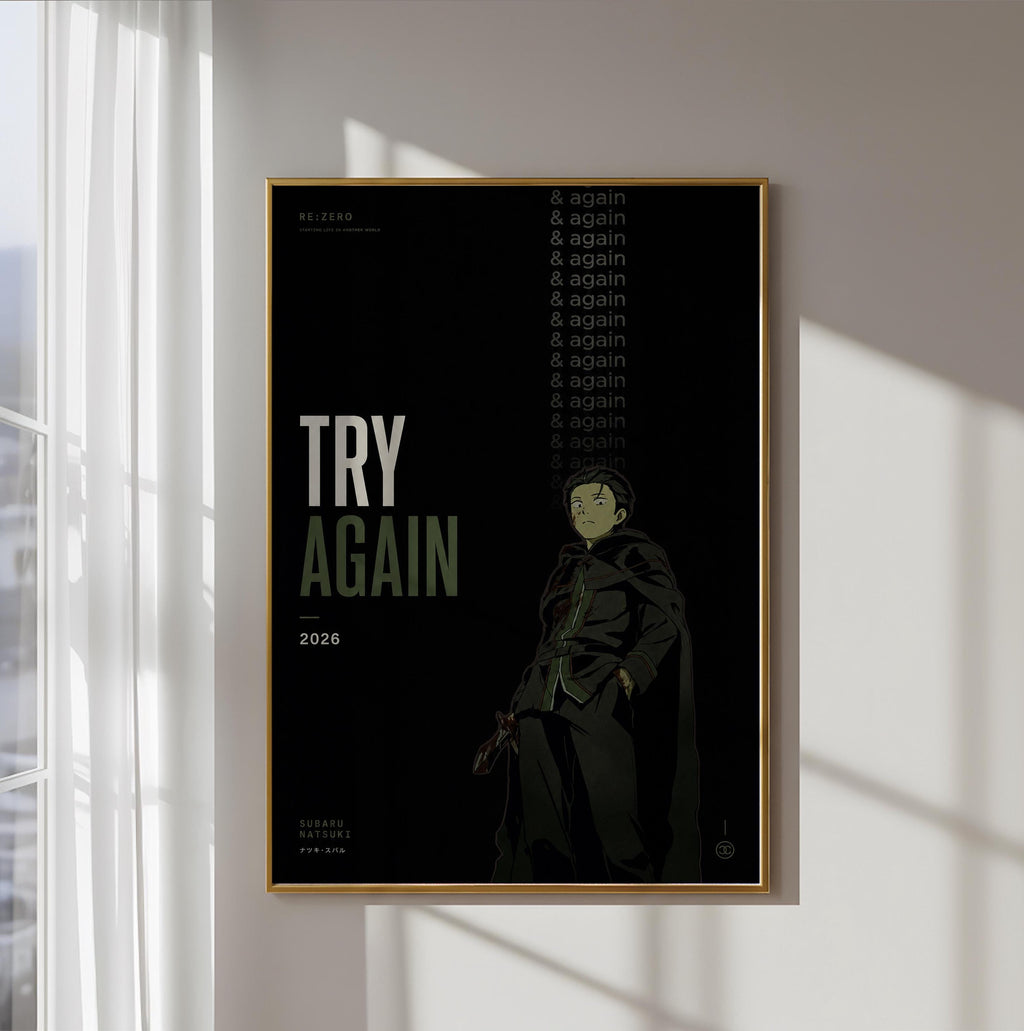 The image is a poster featuring a character in a dark, moody setting, with the text "TRY AGAIN" prominently displayed.
