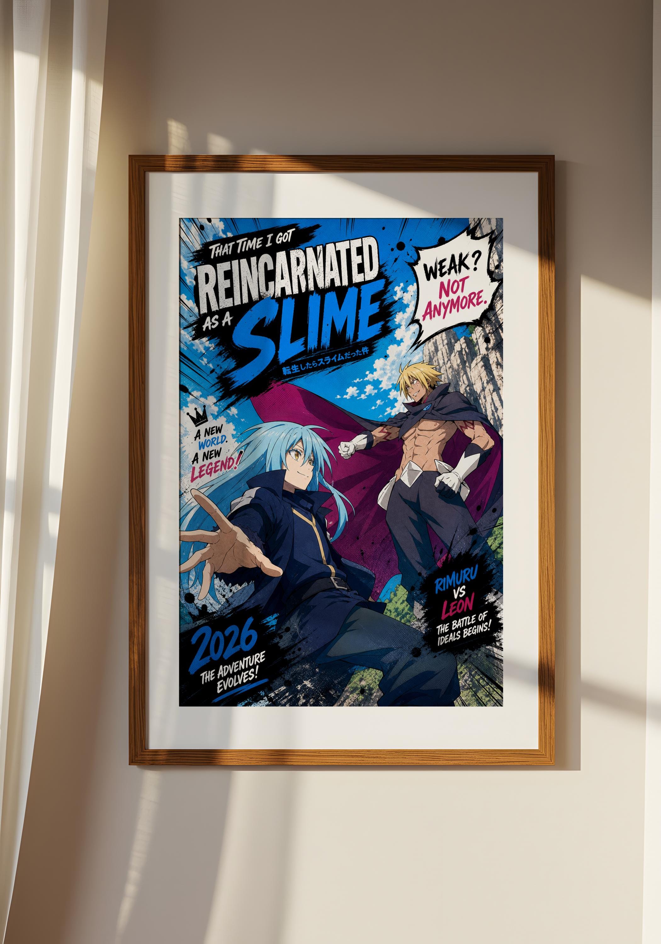 The image is a framed poster featuring two characters from the anime "Reincarnated as a Slime". The poster has a colorful and dynamic design with text and illustrations.