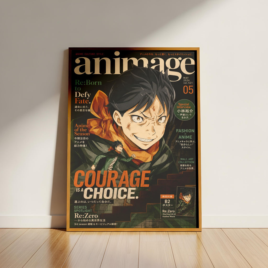 The image is a framed poster of an anime magazine cover featuring an illustration of a character with a determined expression.