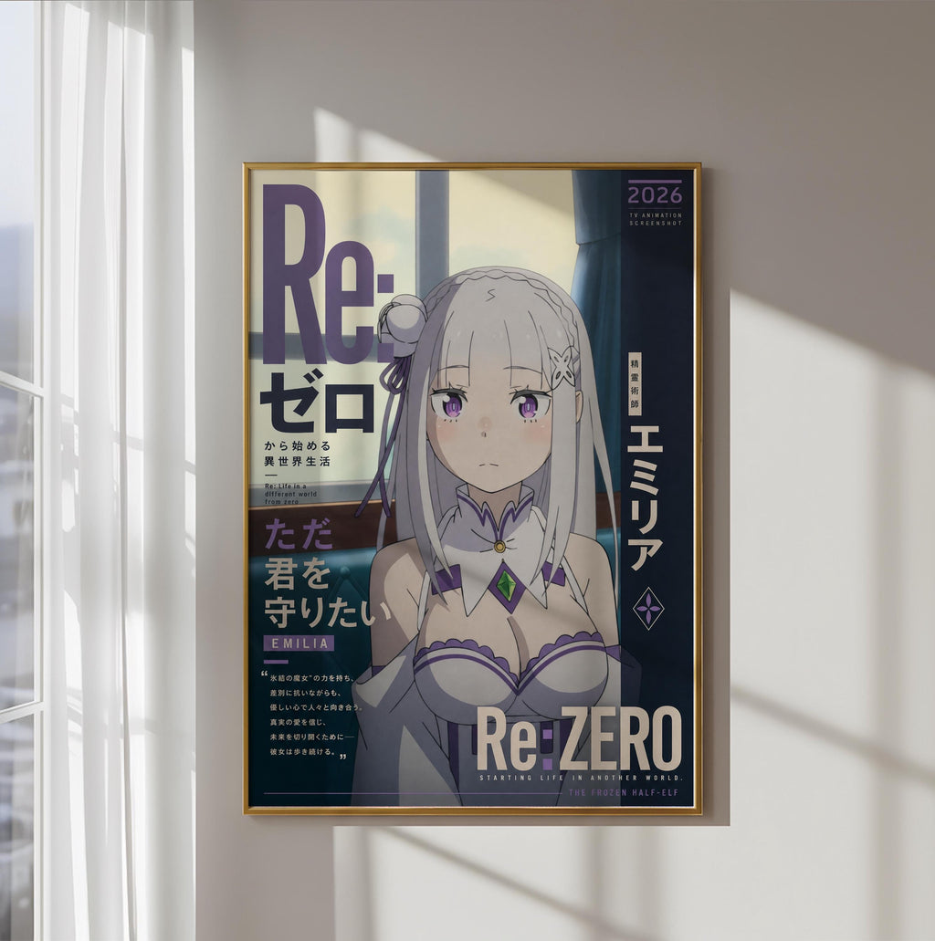 The image is a framed poster featuring an anime-style illustration of a young woman with long, white hair and a purple outfit. The poster has Japanese text and a title that reads "Re: Zero: Starting Life in Another World: The Frozen Half-Life".