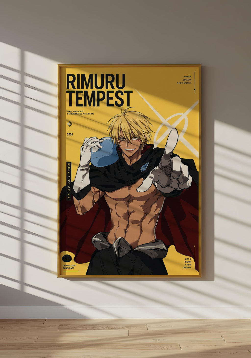 The image is a poster featuring an anime character named Rimuru, who is shown in a dynamic pose with his arms raised. The poster has a yellow background with black text and graphics, and the character's name is prominently displayed.