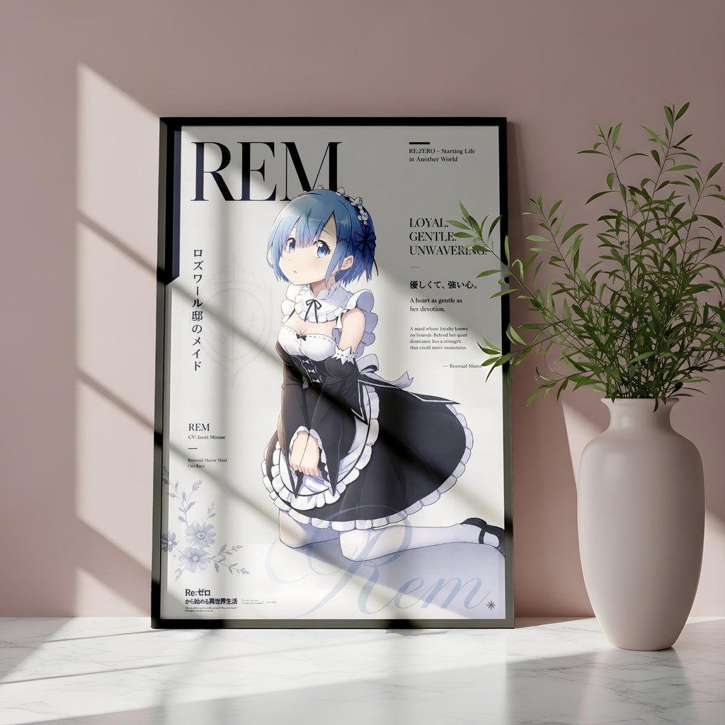 an anime poster with a blue-haired girl in a black and white maid's uniform, standing in front of a pink wall. The poster has a total of 13 characters, including the girl, and is framed by a white vase on a marble surface.
