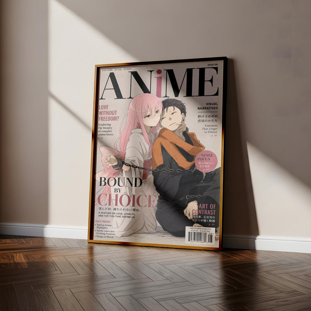 an anime-style magazine cover with a pink-haired girl and a boy sitting together, surrounded by various text elements.