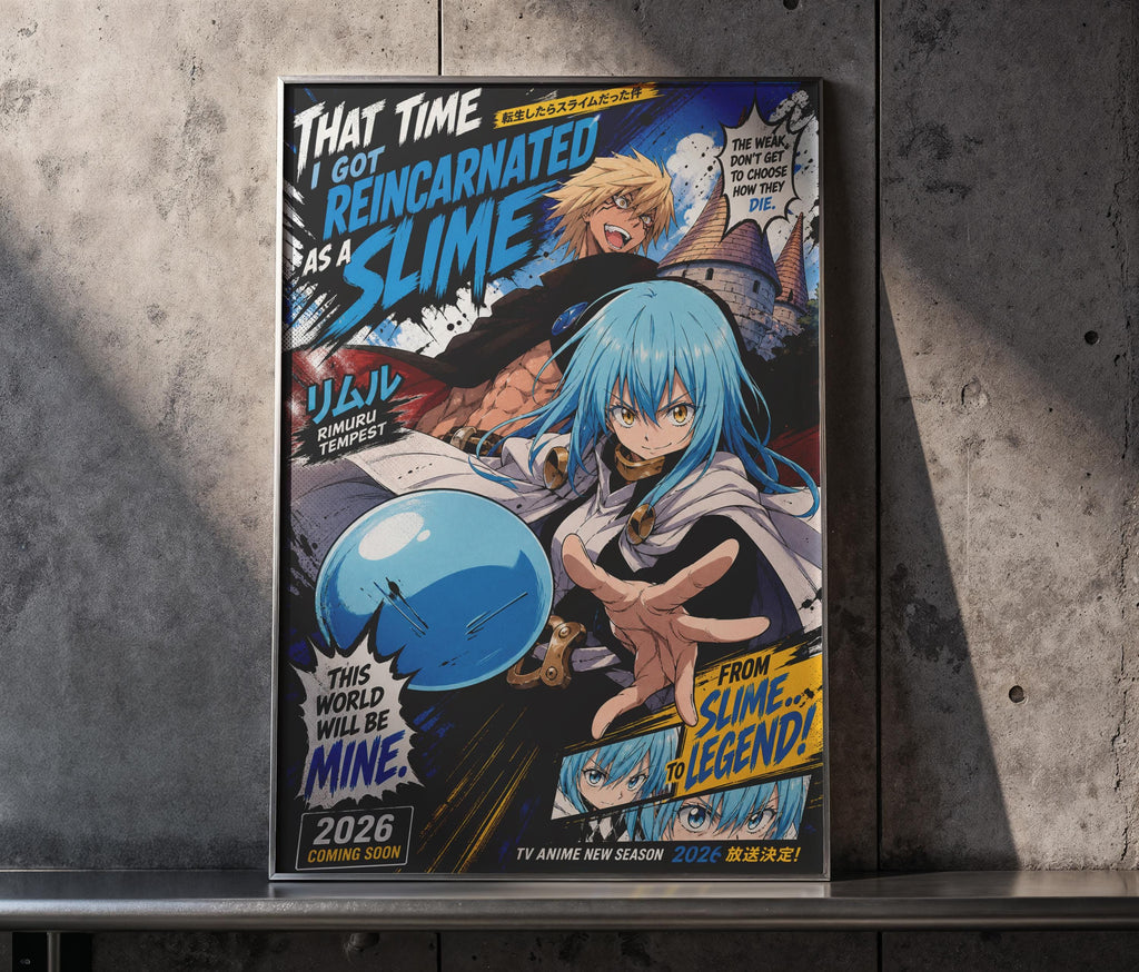 The image is a poster for the anime "That Time I Got Reincarnated as a Slime" featuring a blue-haired character with a large blue bubble.