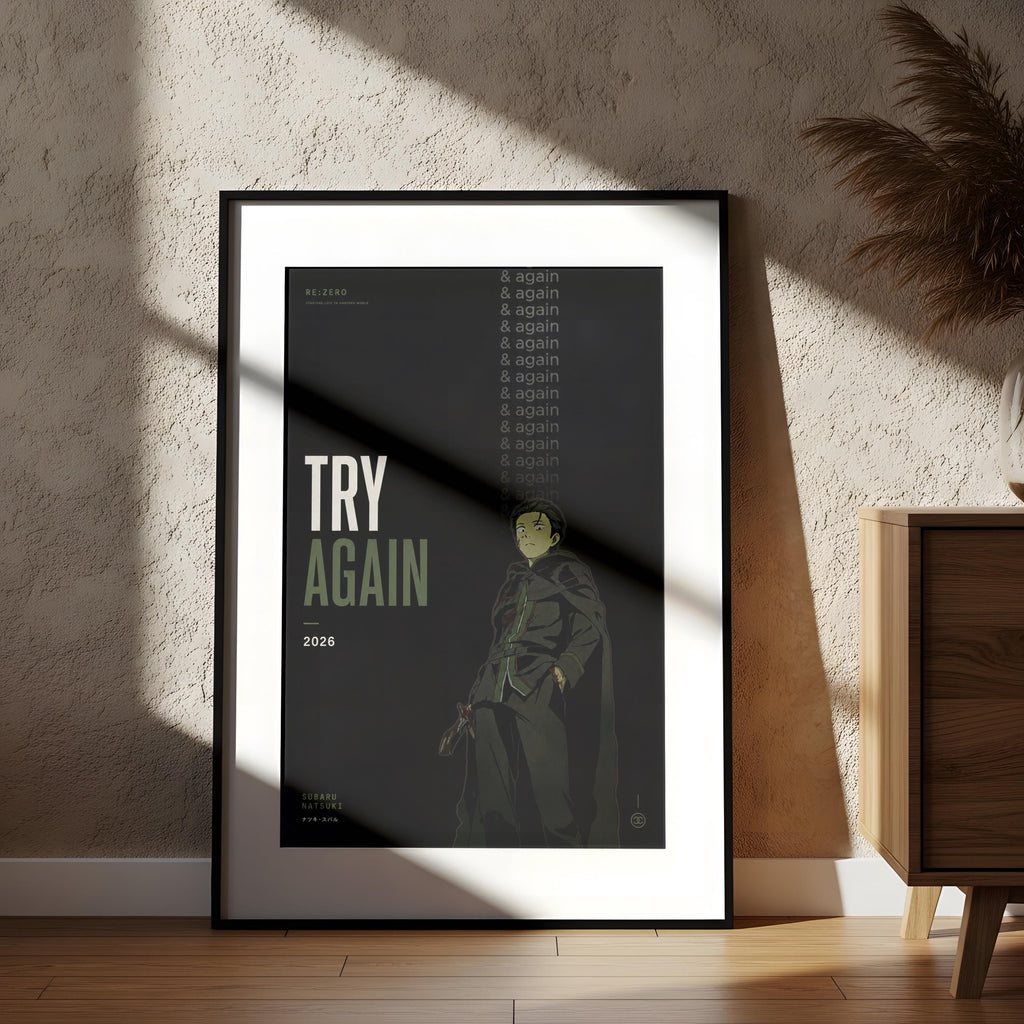 The image is a framed poster with a black background and white text, featuring an illustration of a person in a dark outfit.