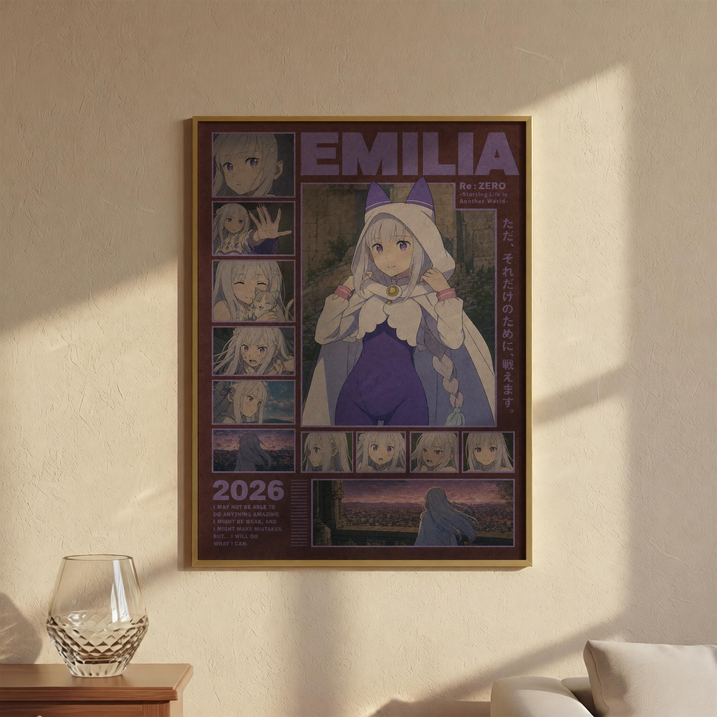 The image is a poster featuring a collage of multiple images of a female character named Emilia. The poster is framed and hung on a wall, with a glass vase placed on a table next to it.
