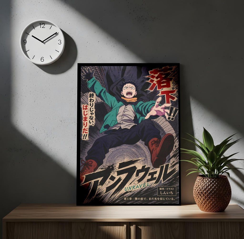 a poster of an anime character, with a clock on the wall above it.