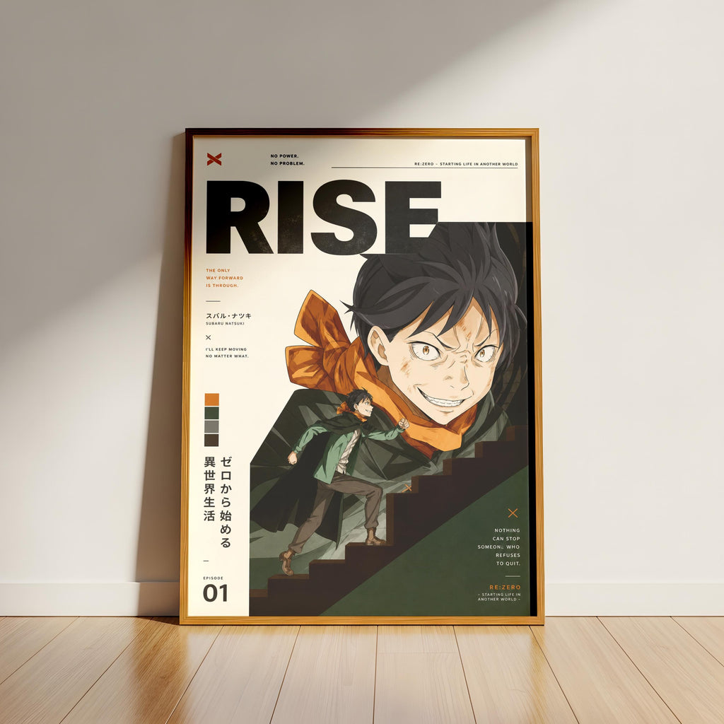 The image is a poster for the anime series "RISE". It features an illustration of a character climbing stairs, with the title "RISE" prominently displayed in large letters. The poster also includes text providing information about the series, such as the name of the series, the author, and the release date.