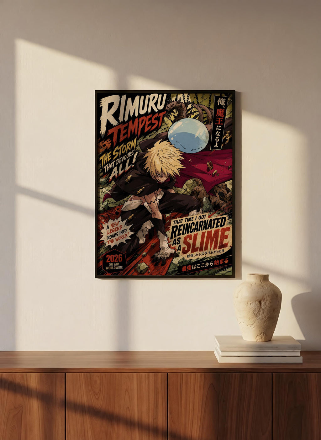 The image is a poster featuring a character from the anime "Rimuru: The Tempest". The poster has a colorful and dynamic design, with the character prominently featured in the center. The poster is hanging on a wall, and there is a vase and some books placed on a wooden shelf below it.
