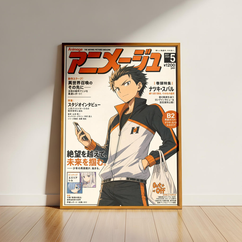The image is a framed poster featuring an anime-style illustration of a male character with spiky hair and a determined expression, wearing a white and orange jacket.