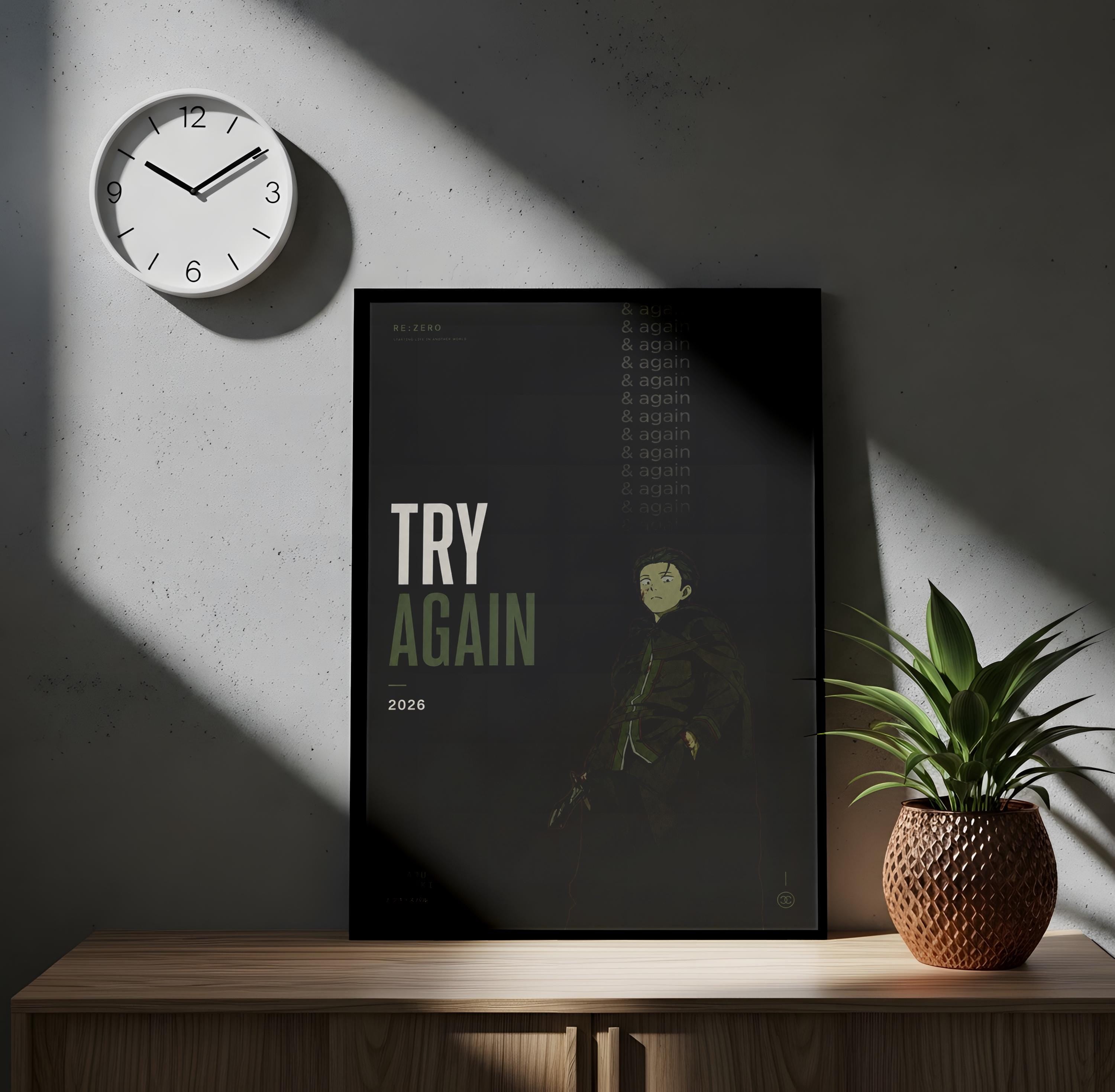 a poster with the text "TRY AGAIN" and a figure of a person, along with the year "2026" below the figure. The poster is displayed on a wooden surface, and there is a clock on the wall above it. A potted plant is also present in the scene.