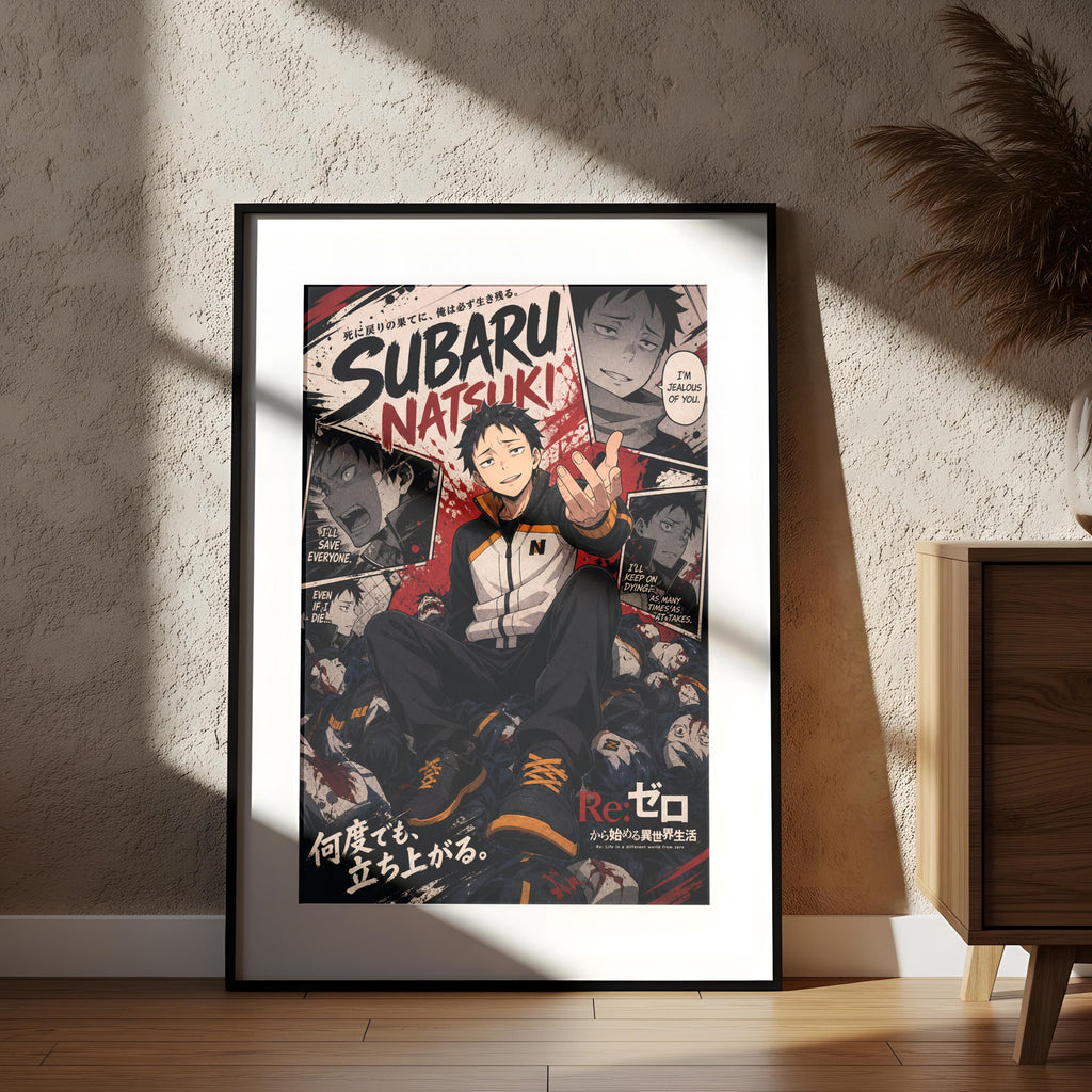 The image is a framed poster featuring an illustration of a person, likely a character from an anime or manga series, with various text elements and speech bubbles.