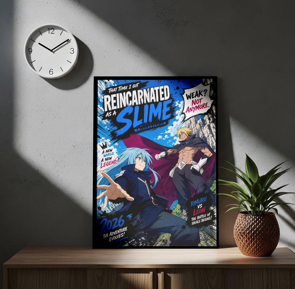 a poster with an anime-style illustration of two characters, one with blue hair and the other with blonde hair, along with text and a clock on the wall.