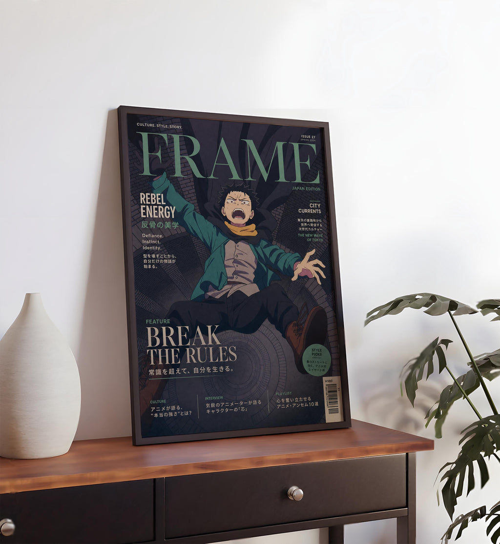 a poster of a person with a dramatic expression, standing in a dark, urban setting. The poster is titled "FRAME" and appears to be a magazine cover or poster.