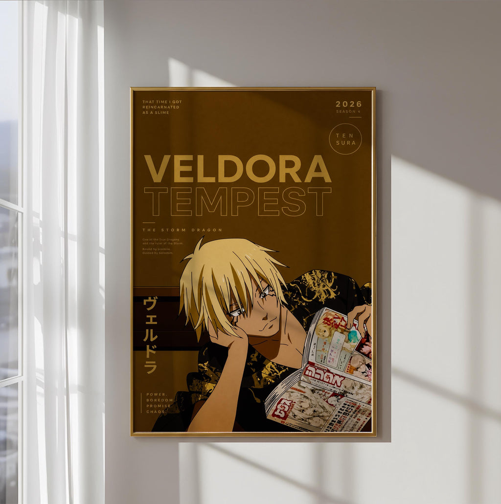 The image is a framed poster featuring an illustration of a young man with blonde hair, wearing a black and gold outfit, and holding a newspaper. The poster has a gold frame and is hung on a wall.