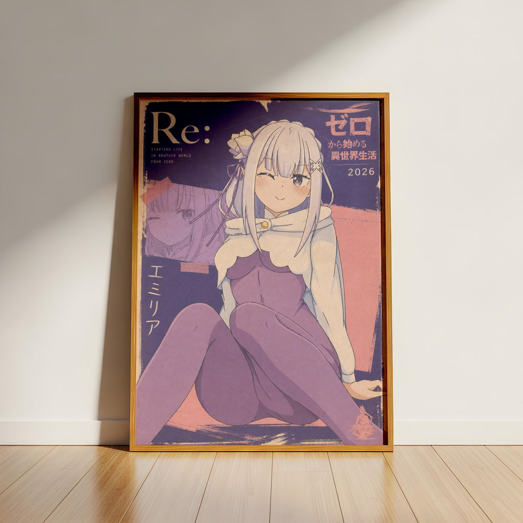 The image is a framed poster featuring an anime-style illustration of a young woman with long hair and a flower in her hair. The poster has a vintage or retro aesthetic, with a dark background and a pinkish-purple color scheme. The text on the poster includes the words "Re: Starting Life in Another World" and "2026", suggesting a narrative or story related to the anime series.