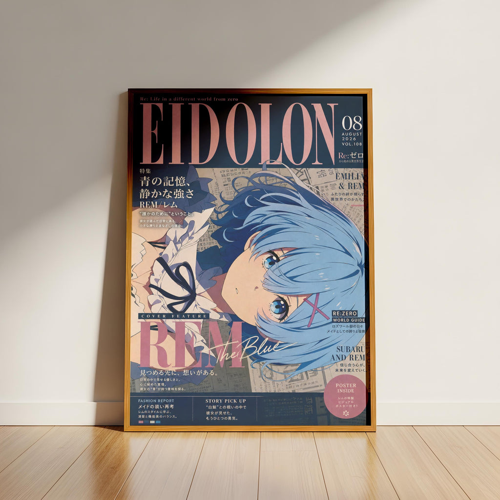 The image is a poster featuring an anime-style illustration of a blue-haired character with large eyes, along with various text elements such as "EIDOLON" and "REW".