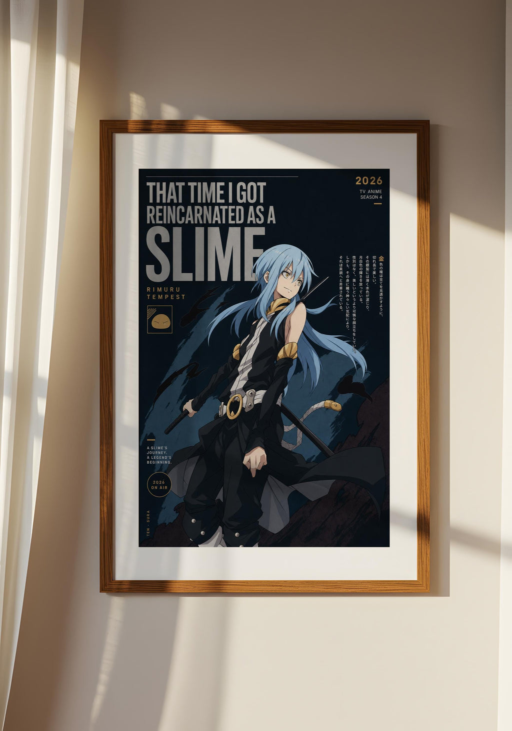 The image is a framed poster featuring an anime-style illustration of a character with blue hair and a black outfit, standing in a dark, moody setting.
