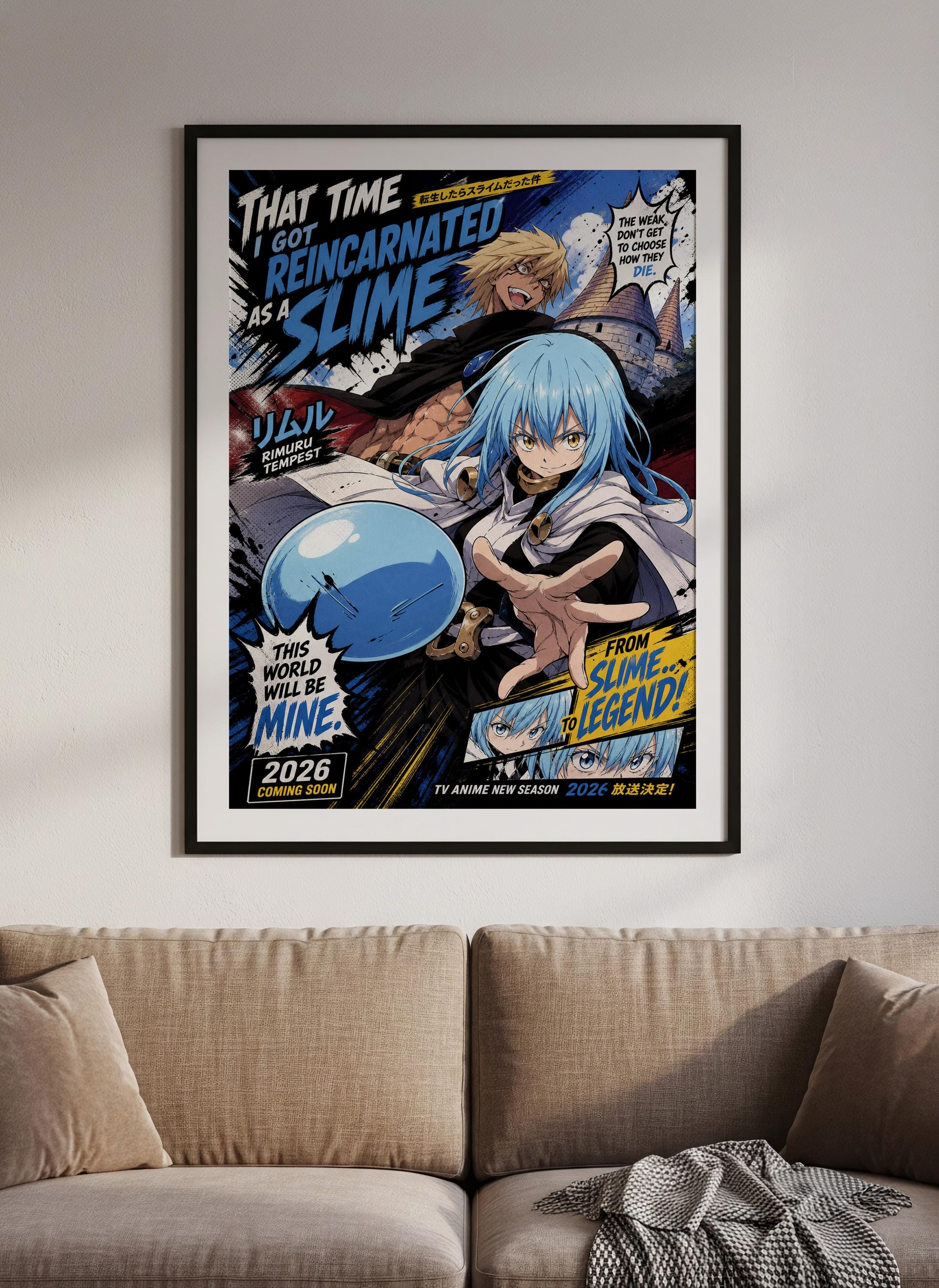The image is a framed poster featuring an anime-style illustration of a character with blue hair and a white outfit, surrounded by various elements such as a blue balloon, a black and white cat, and a blue and white background.