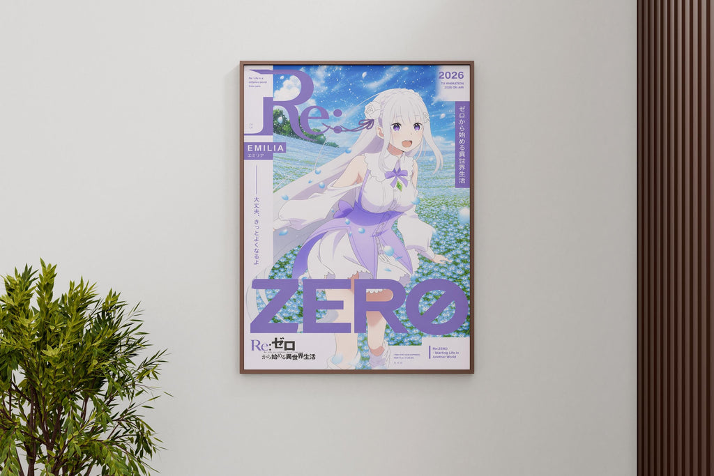 The image is a poster featuring an anime-style illustration of a young girl with long hair and a flowing dress, set against a background of a field with flowers. The poster has a predominantly purple and white color scheme, with the word "ZERO" prominently displayed in large letters. The poster also includes text in Japanese and English, suggesting it is a promotional or informational poster related to the anime series.