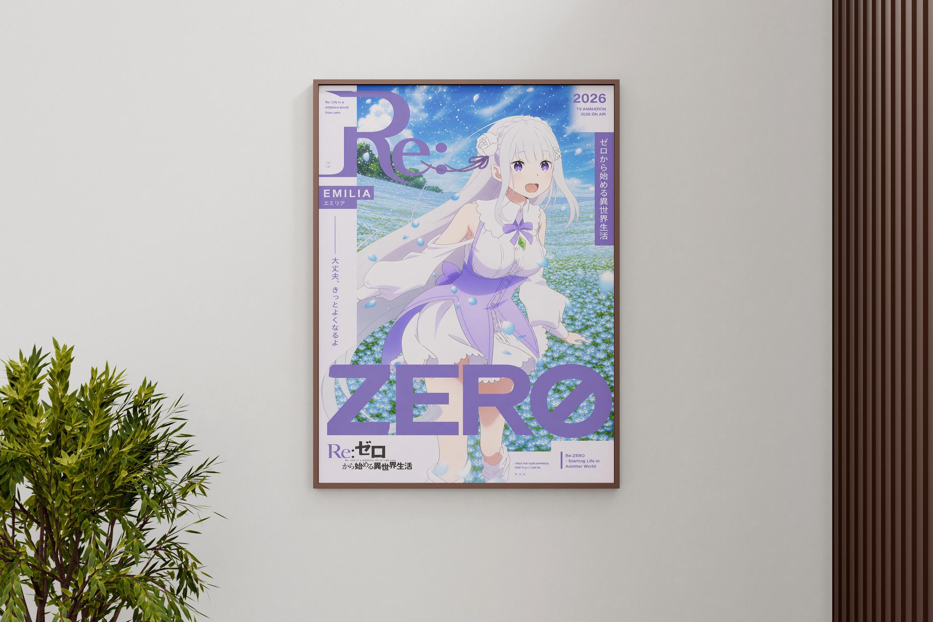 The image is a poster featuring an anime-style illustration of a young girl with long hair and a flowing dress, set against a background of a field with flowers. The poster has a predominantly purple and white color scheme, with the word "ZERO" prominently displayed in large letters. The poster also includes text in Japanese and English, suggesting it is a promotional or informational poster related to the anime series.
