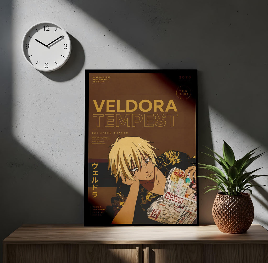a poster of a character from the anime series "Veledora: Tempest". The poster is displayed on a wooden shelf, with a clock hanging on the wall above it. There is also a potted plant next to the poster.