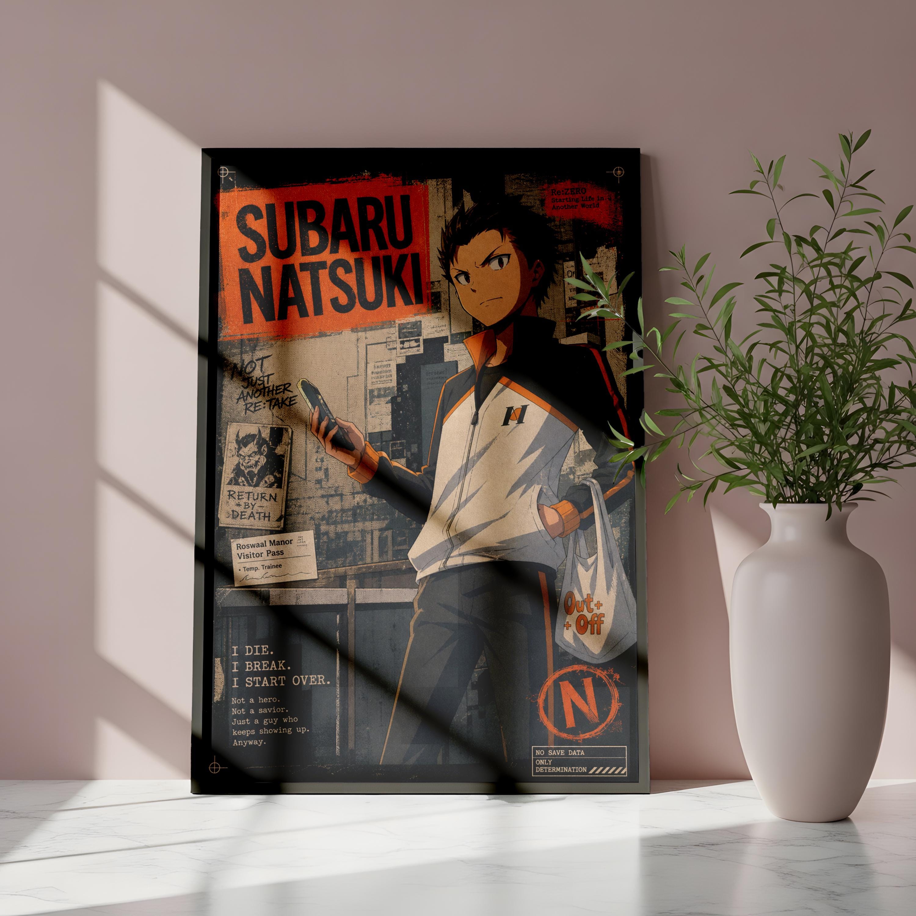 an anime poster of Subaru Natsuki, a character from the Subaru brand, displayed on a wall next to a potted plant.