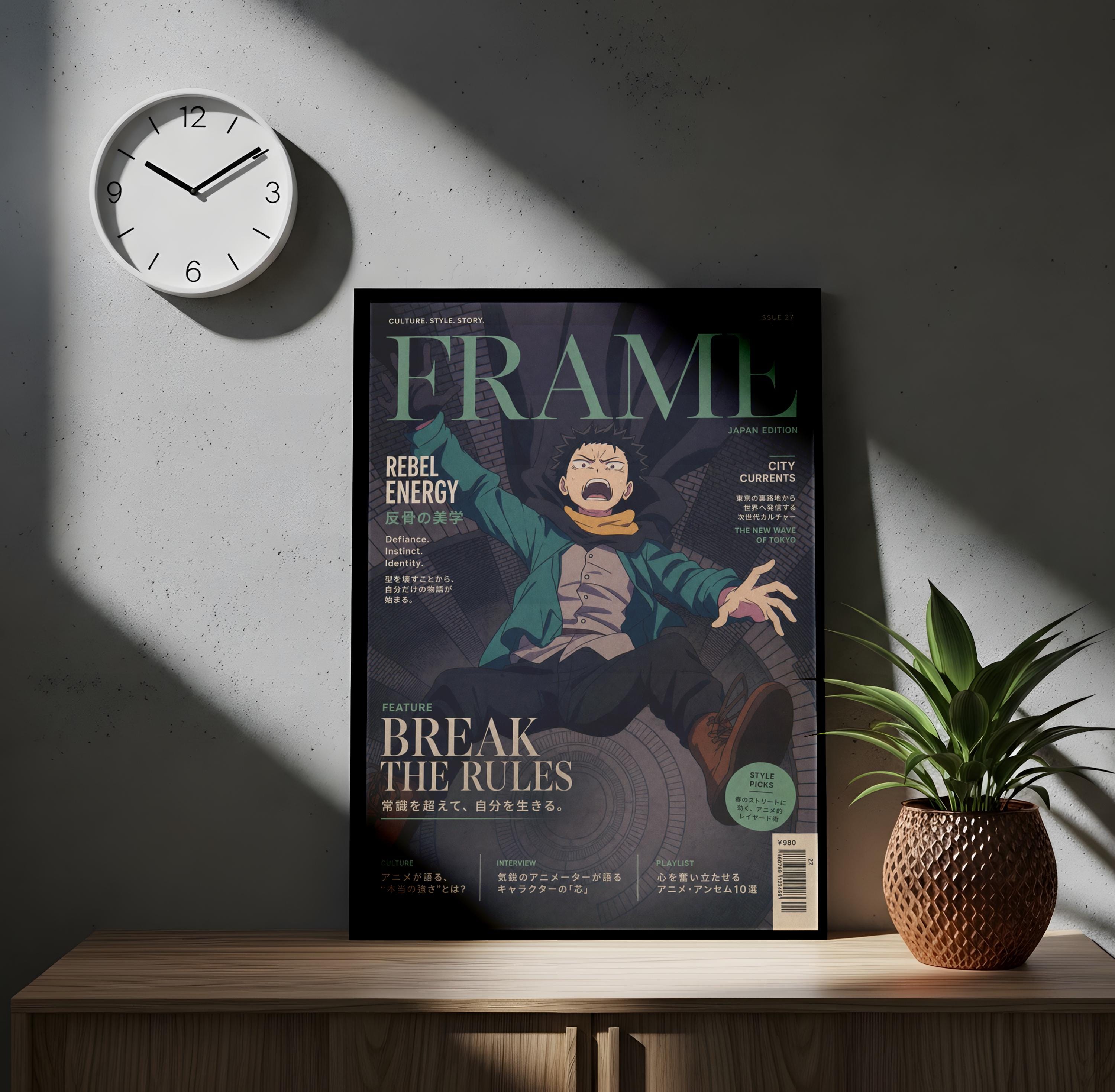 a framed poster of an anime-style illustration of a character with a surprised expression, placed on a wooden surface next to a clock and a potted plant.